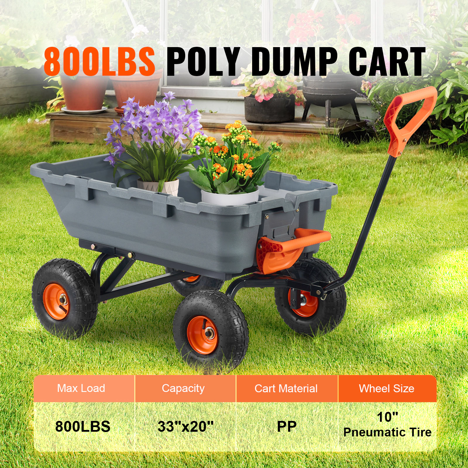 HONGGE Garden Cart Durable Poly Dump Cart with Simple Assembly Steel Structure Versatile Dump Wagon with Dual-Function