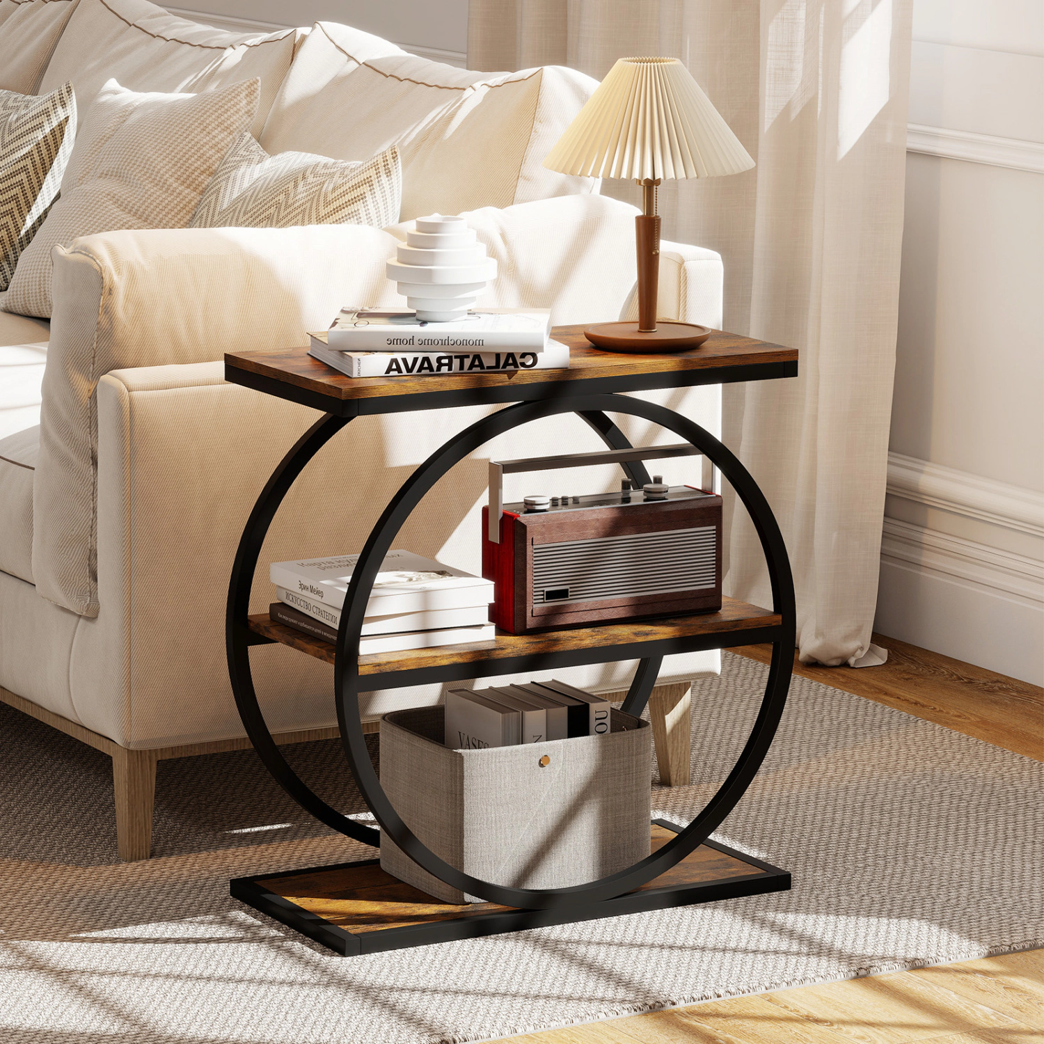 LJG Industrial Faux Marble Side Table with Metal Frame for Living Room Bedroom