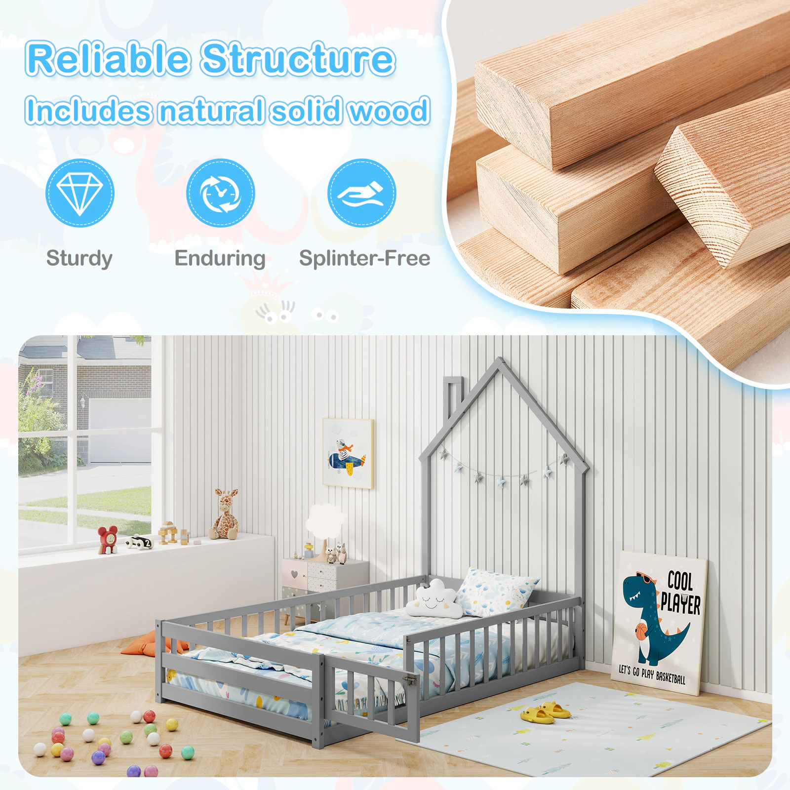 SUGIFT House-Shaped Twin Size Montessori Floor Bed with Lockable Door and Full-Length Guardrail Gray/White