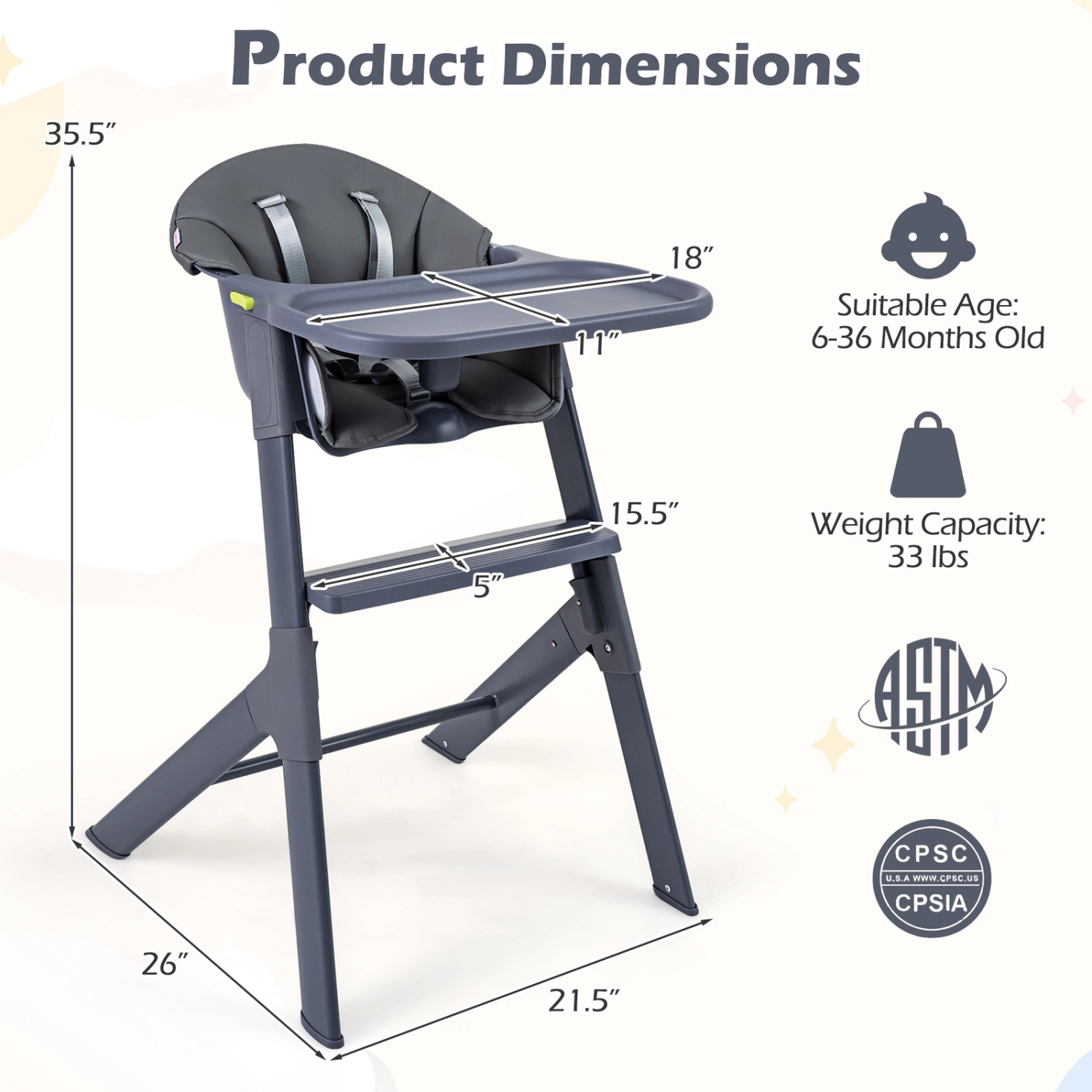 3-in-1 Washable Portable Baby High Chair Carry Handle 2-Level Tray Built-In Footrest Indoor and Outdoor Use Grey