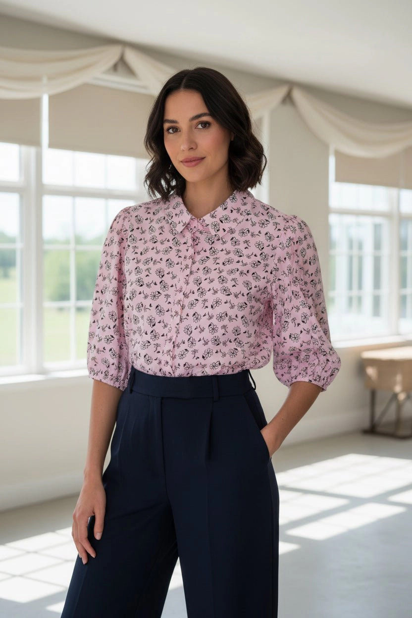 DressAtR Women's Puff Sleeve Collar Three Fourth Blouse
