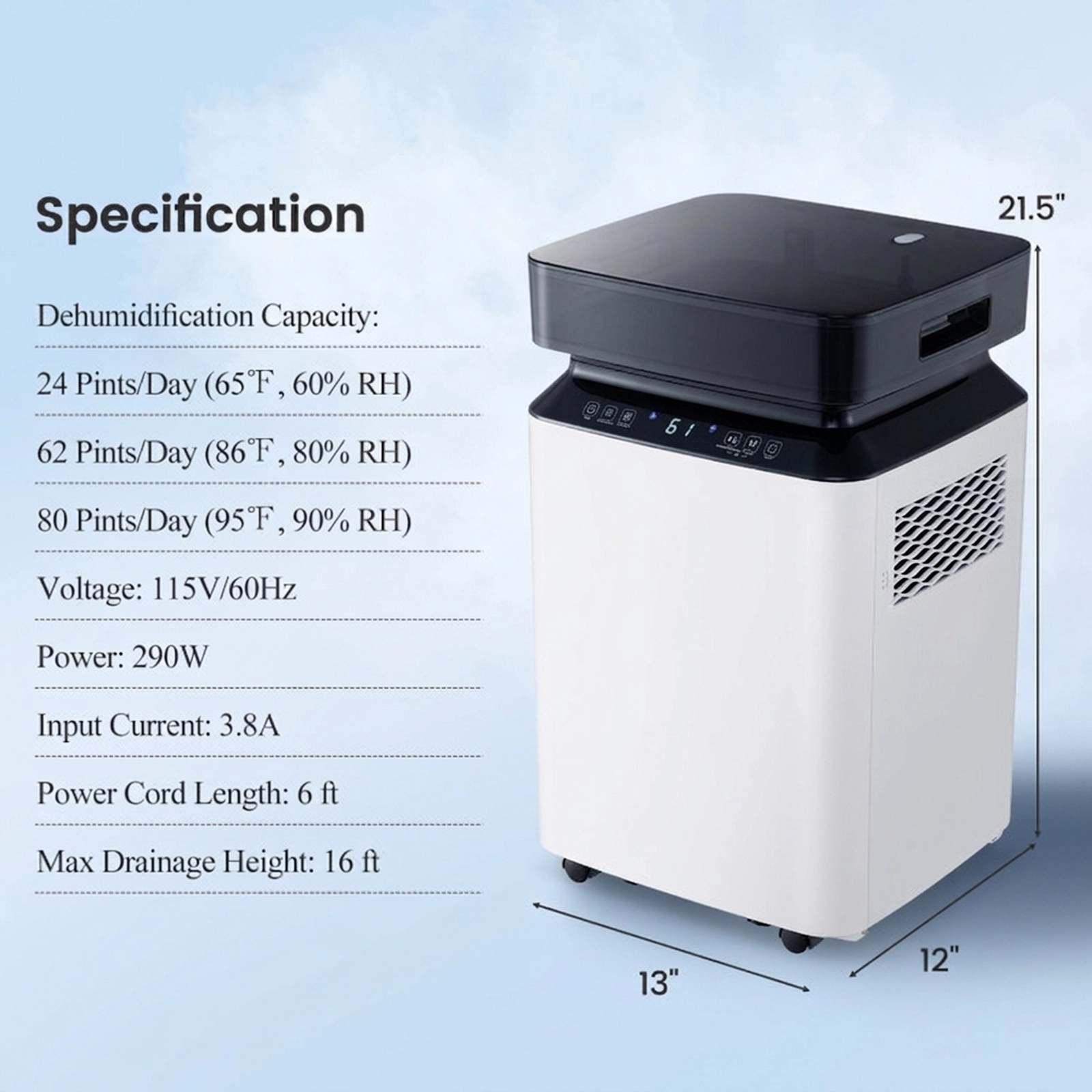 SUGIFT 70-Pint 4500-sq ft Coverage White Dehumidifier with Pump Drainage Auto Defrost and Touch Panel