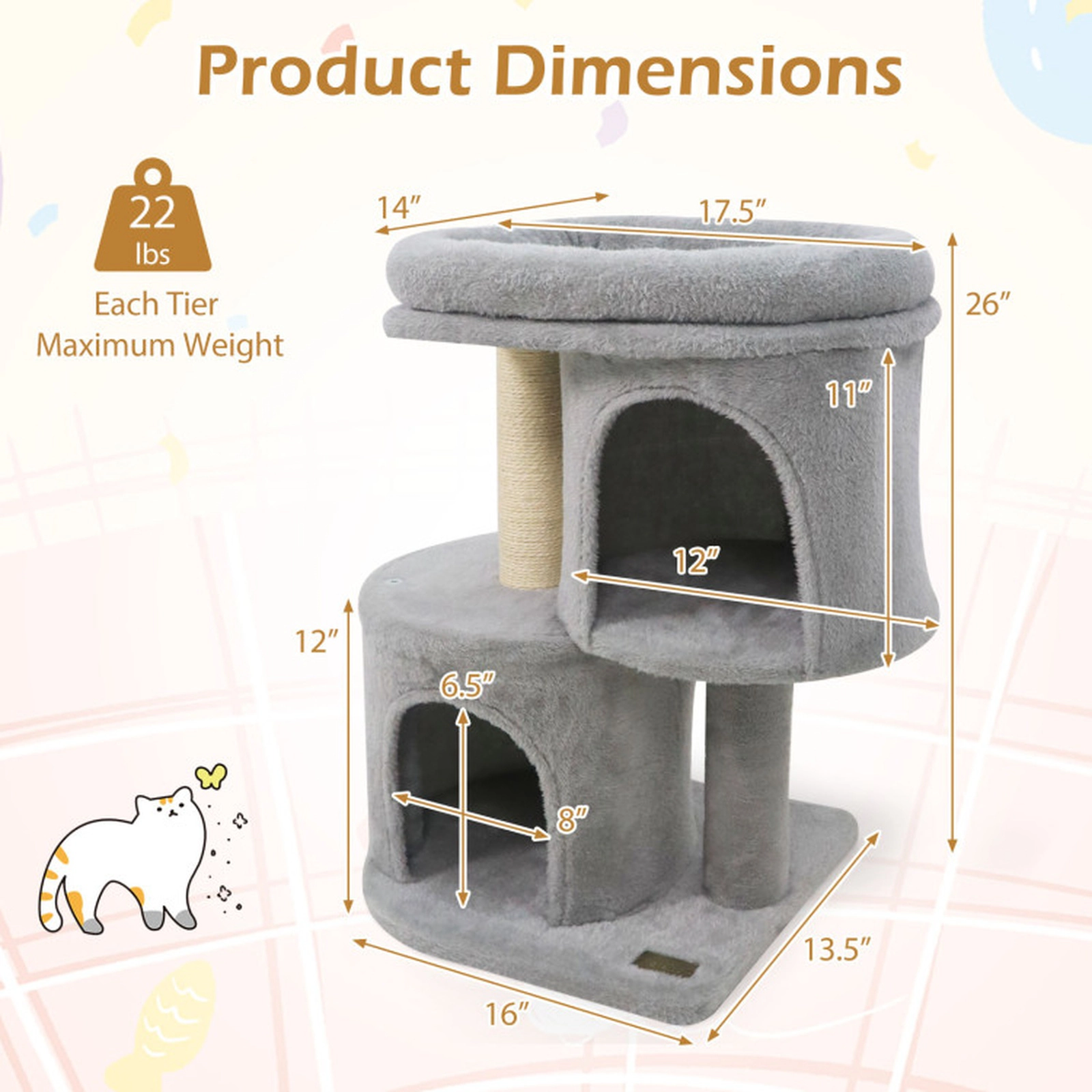 SUGIFT Multi-Level Cat Tree Tower with Large Padded Plush Perch Dual Condos 29-lb Capacity Light Gray 26-in Tall