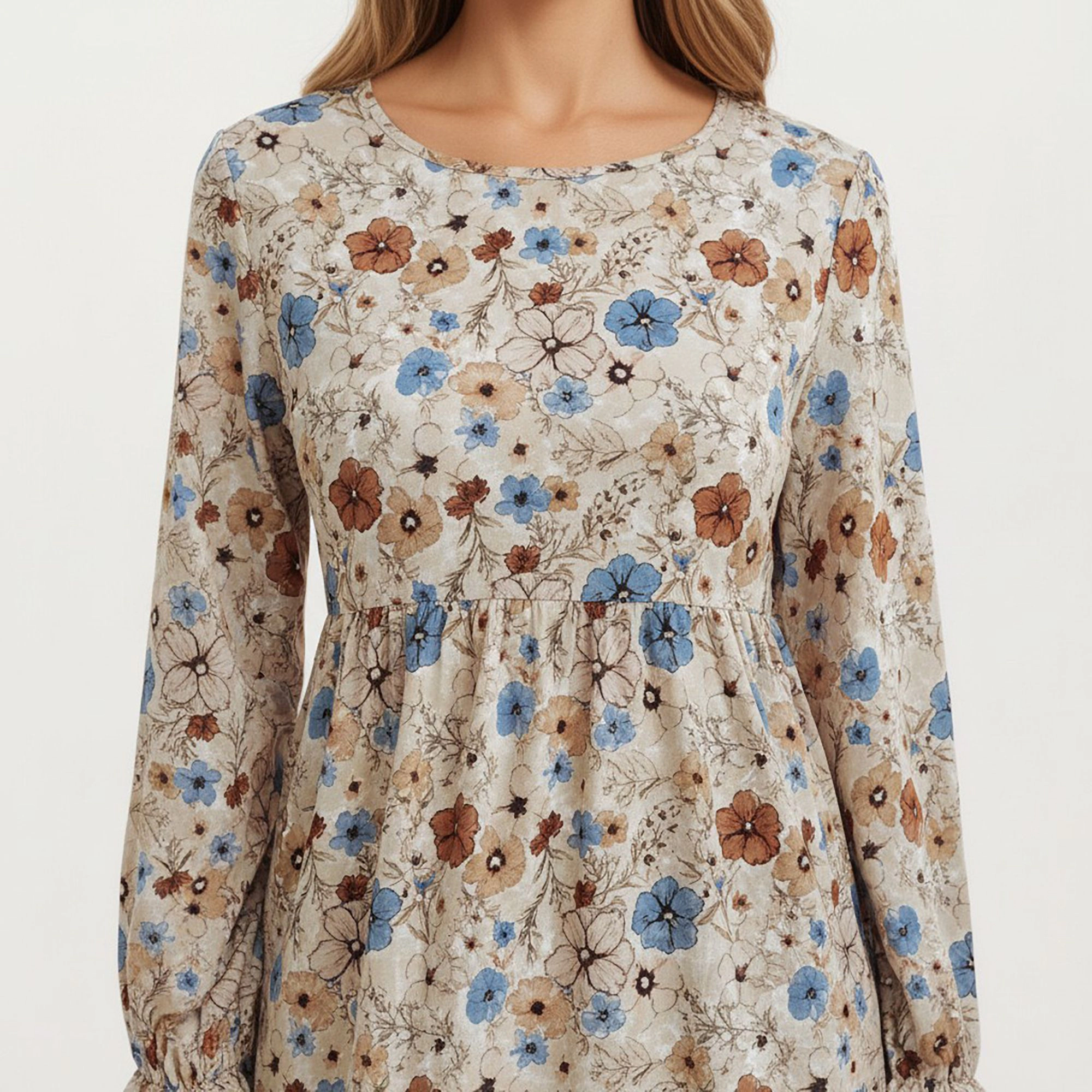 Anna-Kaci Women's Floral Long Sleeve Round Neck Ruffle Hem Tiered Dress