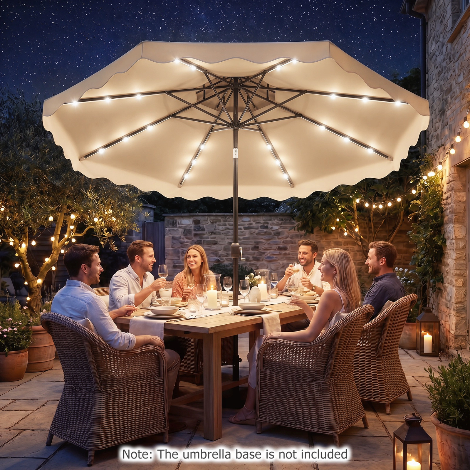 SUGIFT 10-ft Solar LED Patio Umbrella 24 Lights Crank Lift Push-Button Tilt 10 x 8.7-in Canopy 1.5-in Pole 18-lb Net