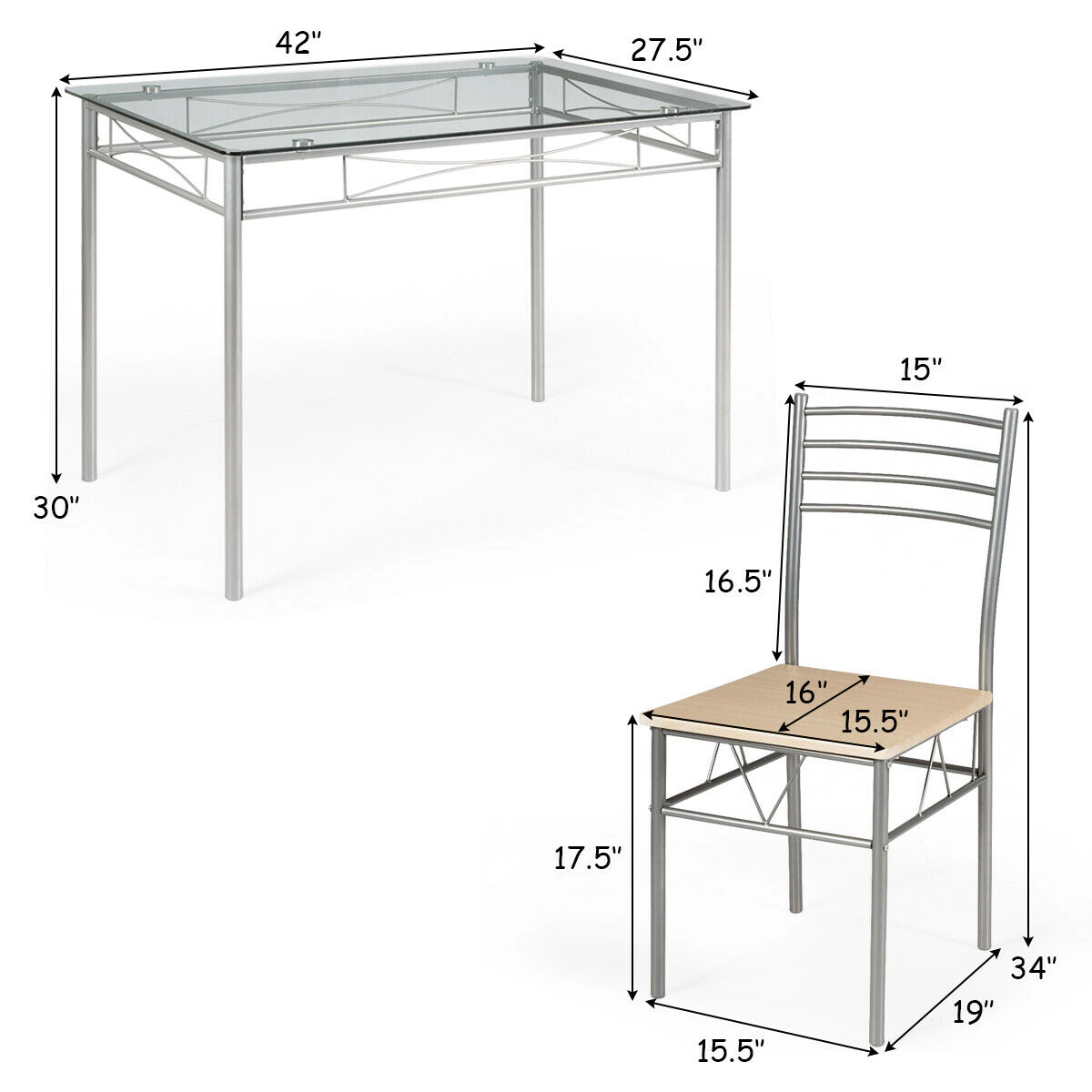 LJG 5 Pieces Dining Set Glass Table and 4 Chairs