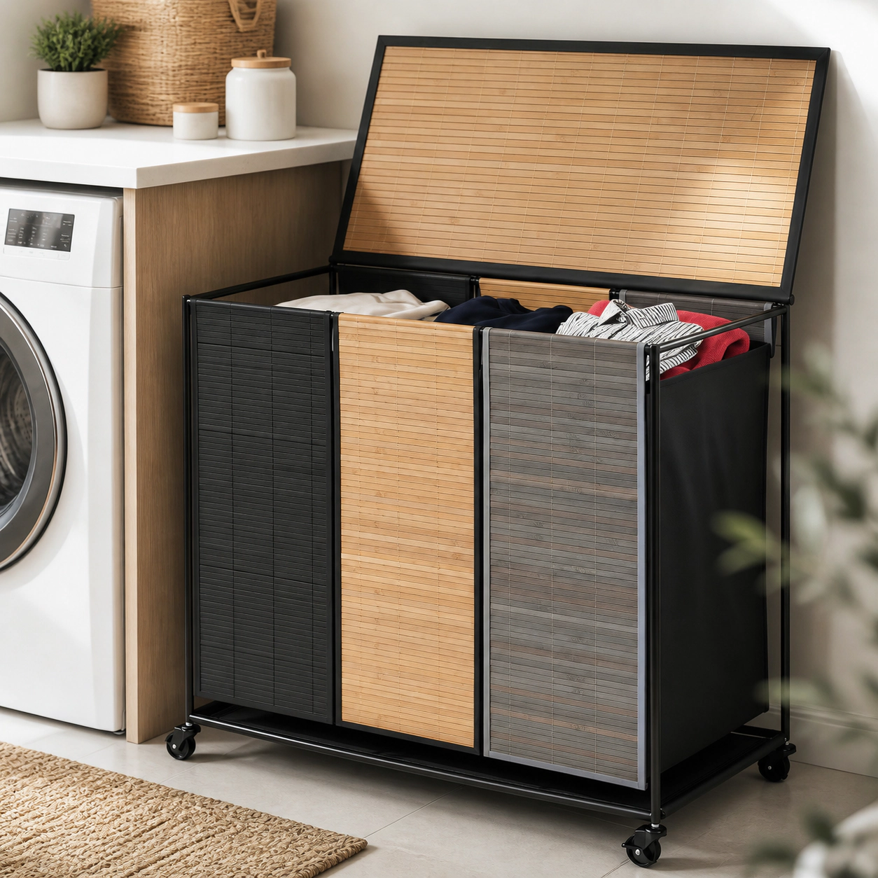 SUGIFT 21.4-gal 3-Section Bamboo Laundry Hamper Sorter with Lid 4 Wheels and Removable Washable Liners