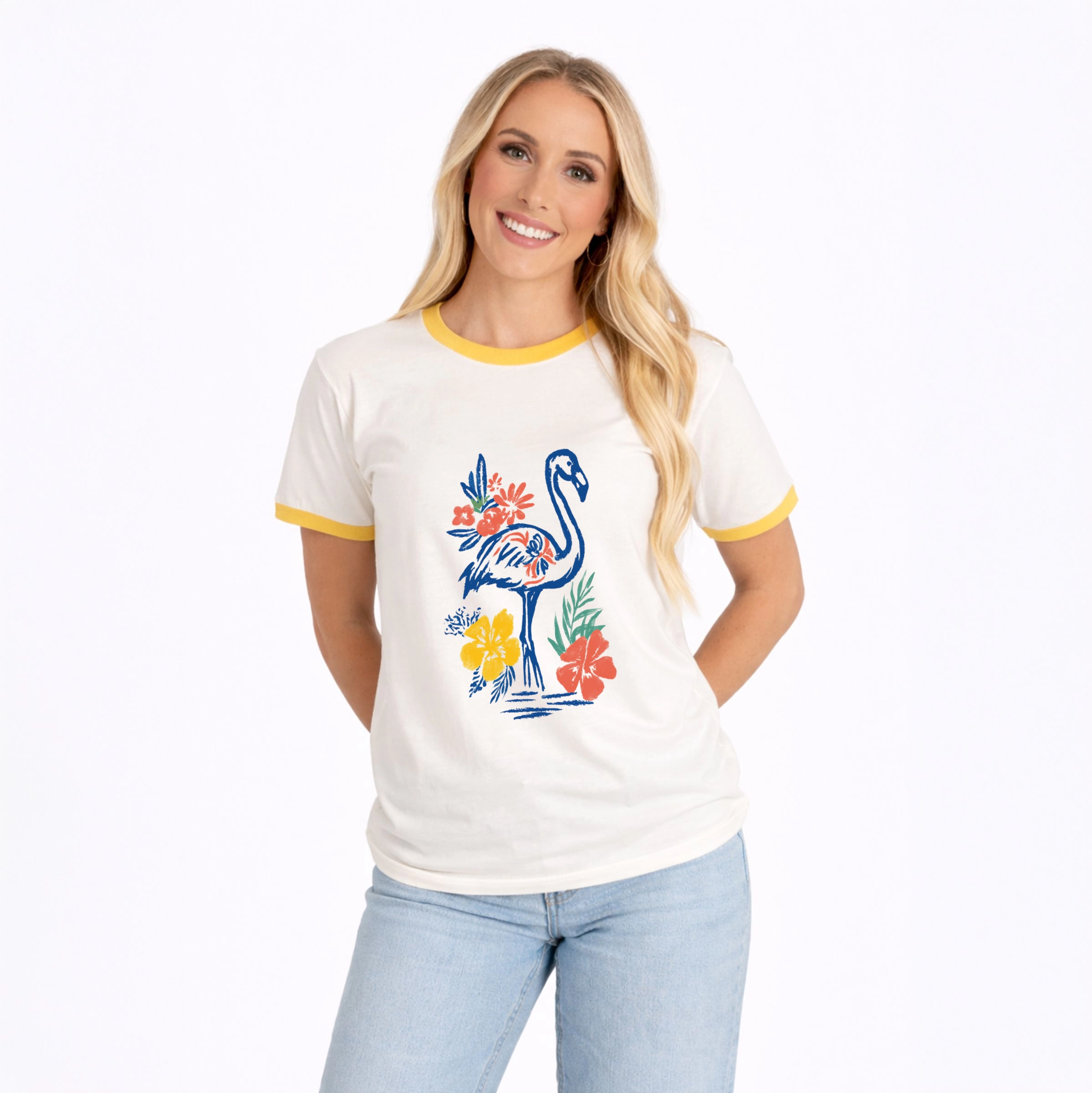 Simply Sage Market - Flamingo Flowers Outline Women's Ringer Graphic T-Shirt