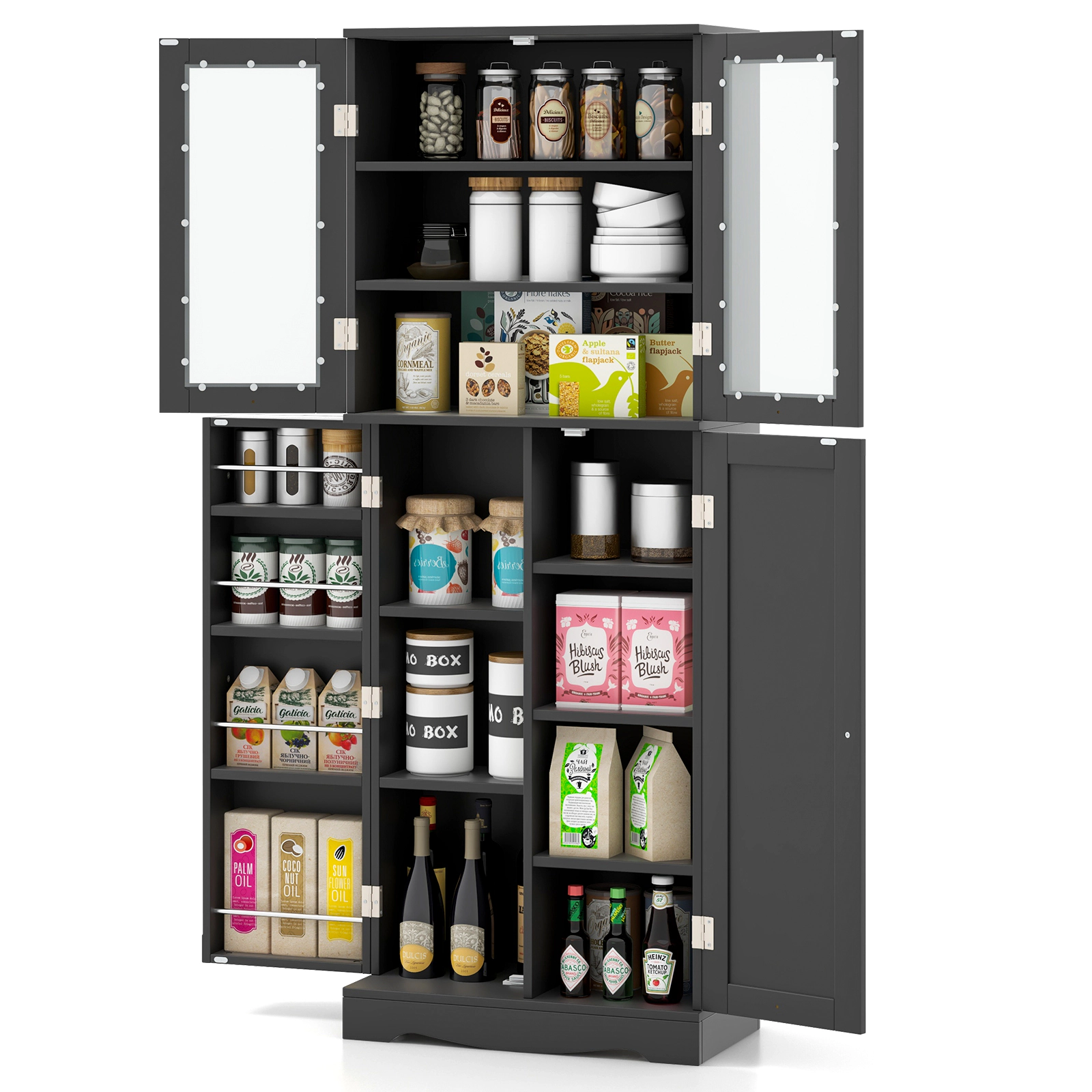 SUGIFT 63.5-in Glass Doors 4 Door Racks 3 Shelves Kitchen Pantry Cabinet 24-in x 12.5-in 50-lb per Shelf Black
