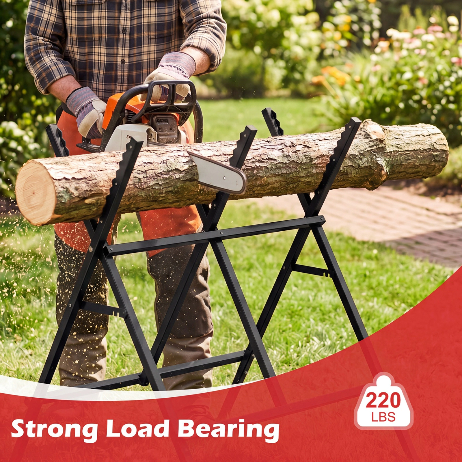 SUGIFT Folding Anti-Slip Sawteeth Heavy-Duty Metal Log Saw Horse 29-in x 31-in x 39-in 220-lb Capacity Black