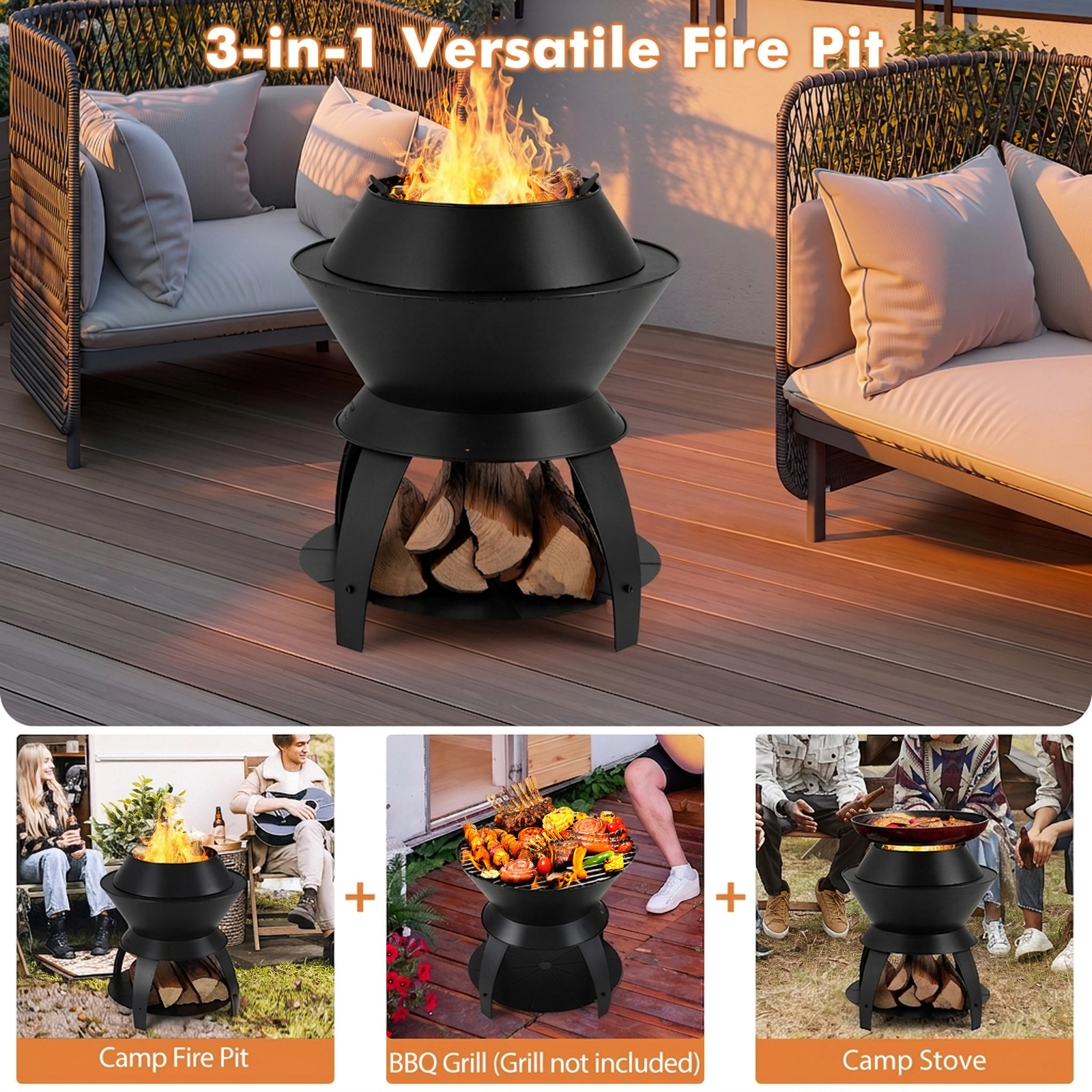 SUGIFT Black Pot Holder and Log Shelf 20-in Patio Fire Pit Metal Camping Fire Bowl