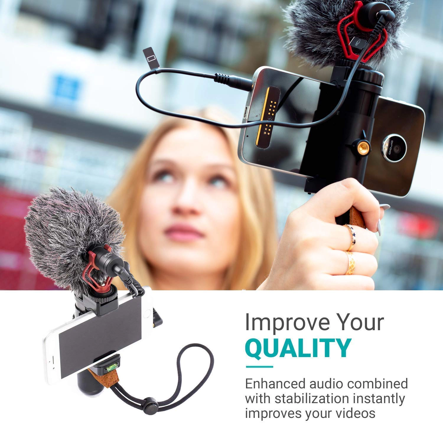 Movo PR-2-PM Smartphone Video Rig with Shotgun Microphone Grip Handle Wrist Strap for Smartphones