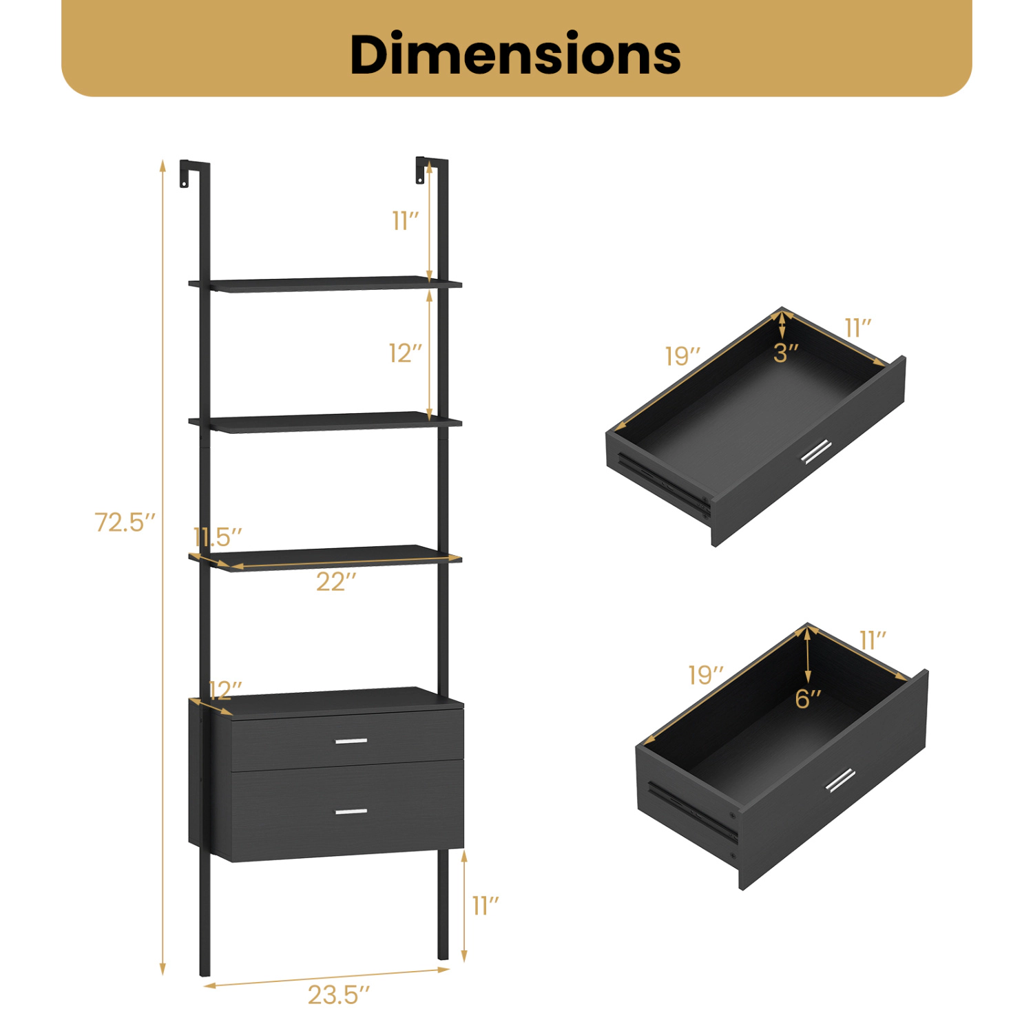 LJG 6-Tier Ladder Bookcase with 2 Drawers and Metal Frame