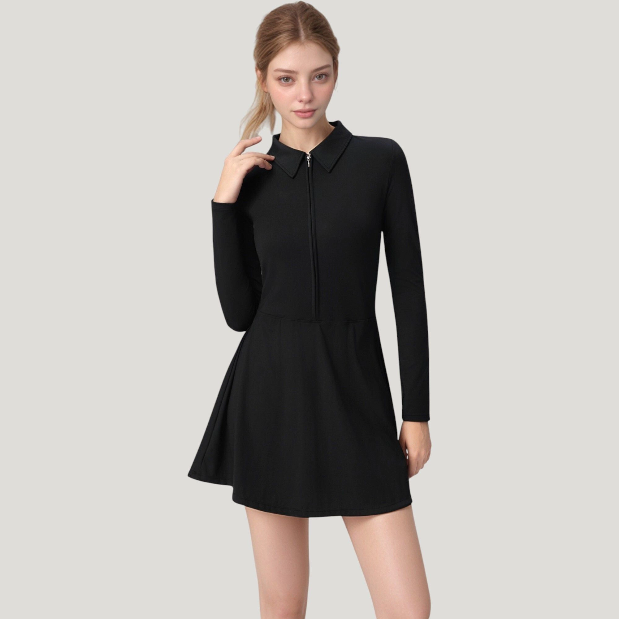 Anna-Kaci Women's Active Dress with Zip Front Closure and Pointed Collar