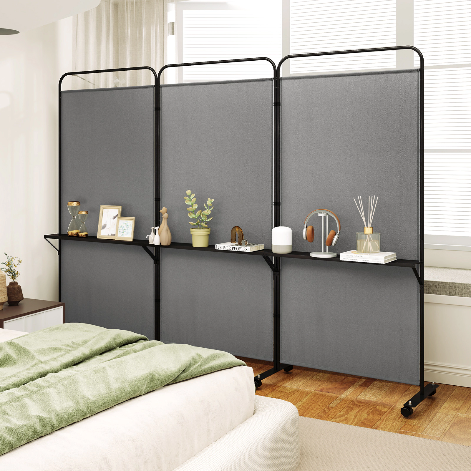 SUGIFT 3-Panel Freestanding 3 Metal Shelves Rolling Room Divider Screen 103-in x 18-in x 74-in 30-in Shelf Height Gray