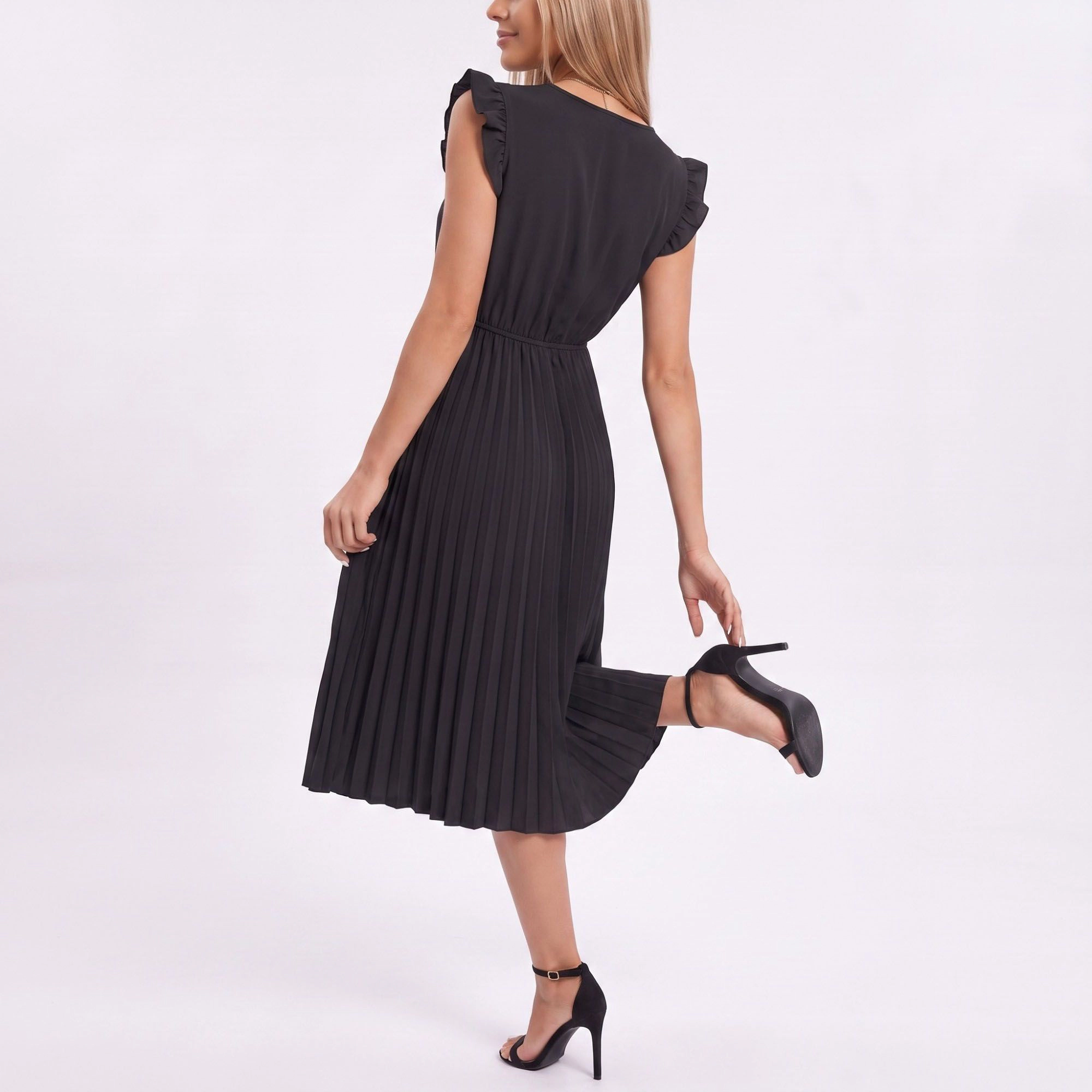 Anna-Kaci Women's Ruffled Lace Trim Pleated Midi Dress