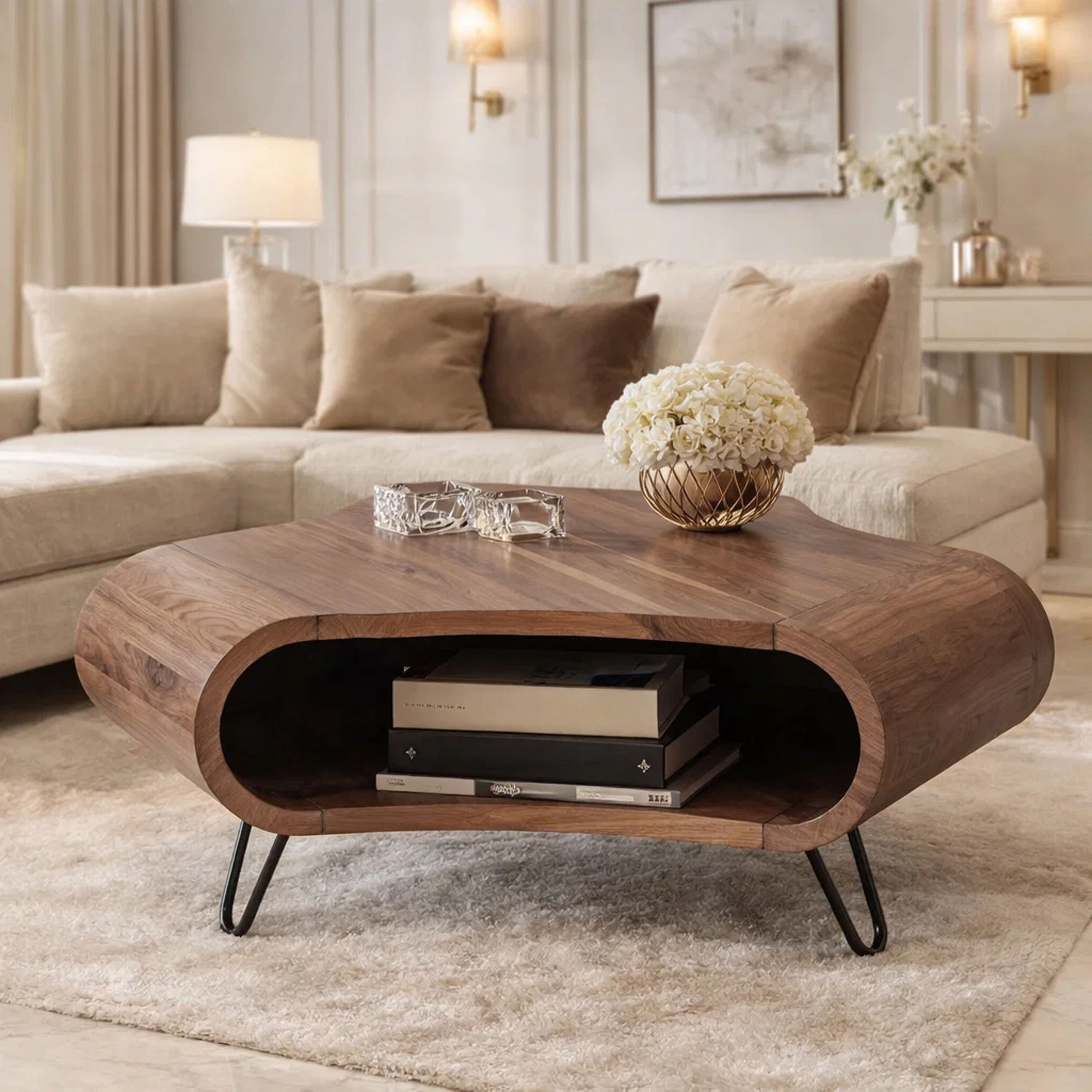 The Urban Port 37 Inch Coffee Table, Handcrafted Curved Hexagon Shape with Open Shelf, Brown Acacia Wood, Iron Legs