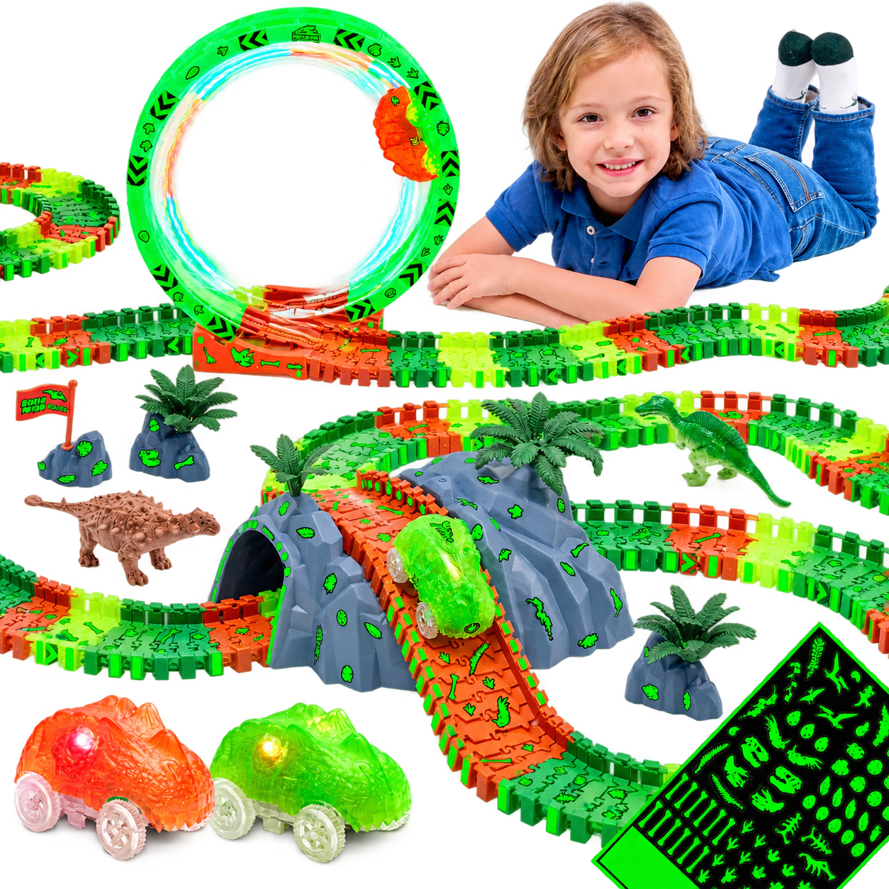 JitteryGit Kids Dino Track Forest Glow-in-the-Dark Race Set - 185-Piece Track with Loop & Dino Racers