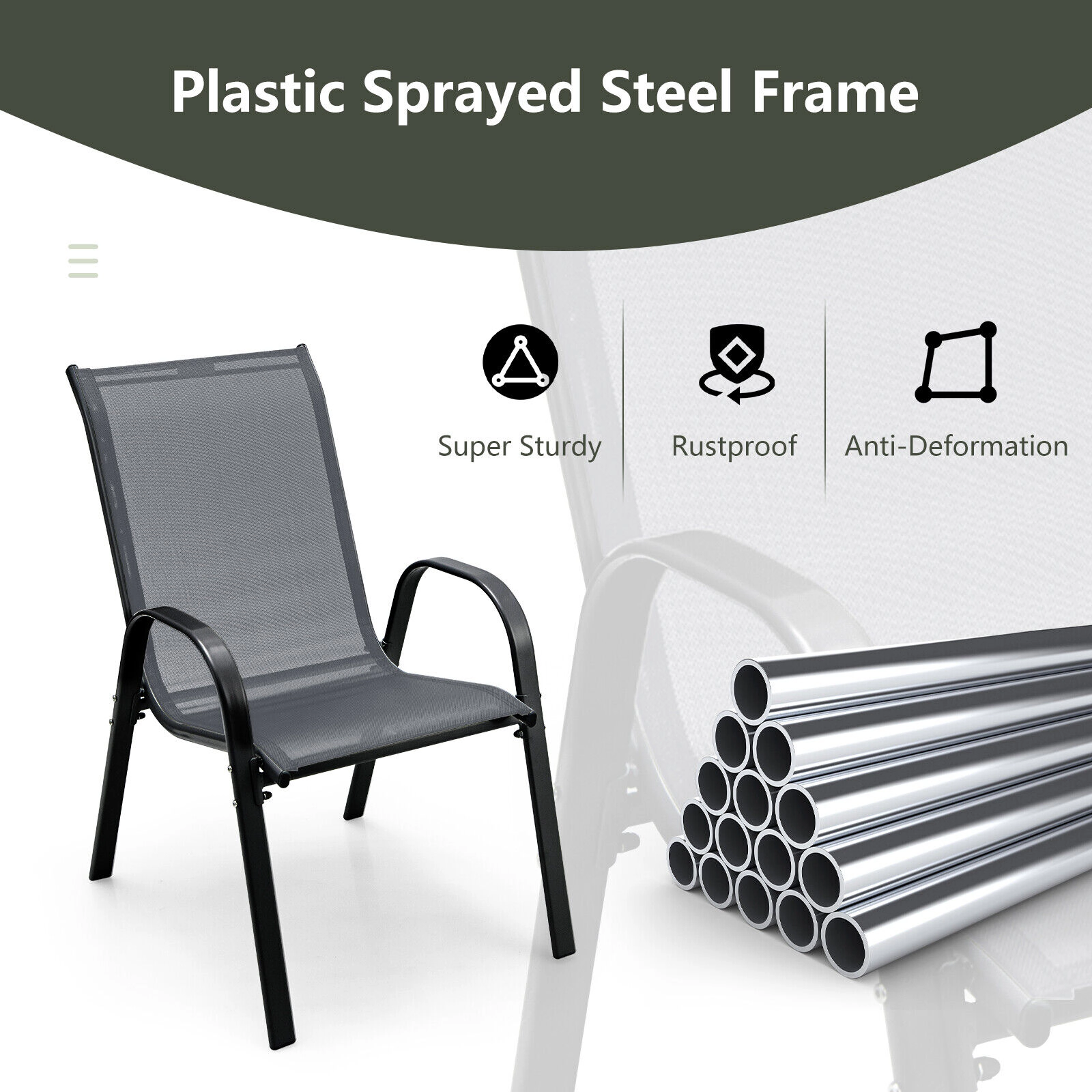 SUGIFT Set of 4 Stackable Patio Dining Chairs, Gray Sling Fabric, Steel Frame