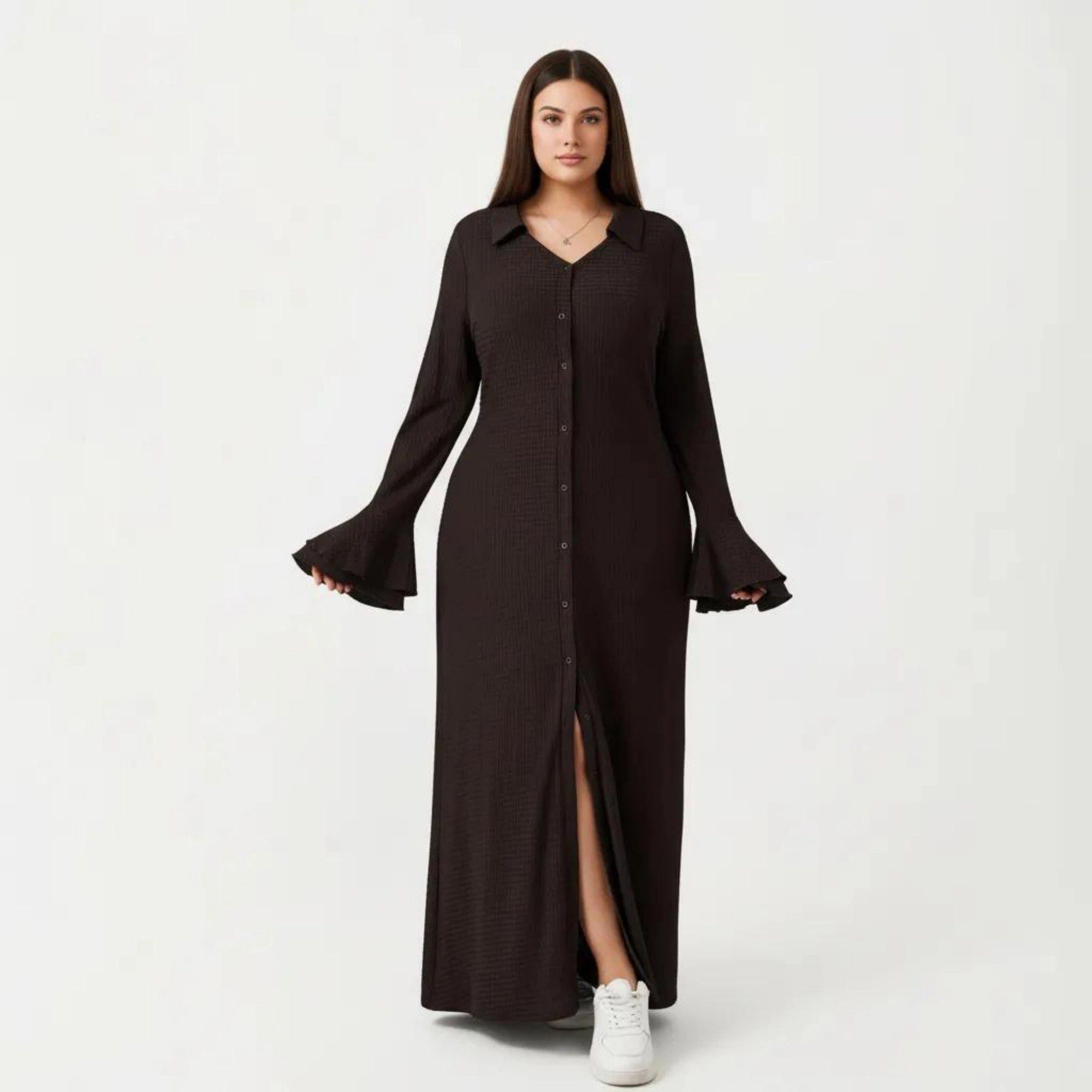 Anna-Kaci Women's Long Sleeve Button Down Collar Neck Flare Detail Front Slit Relaxed Fit Maxi Dress