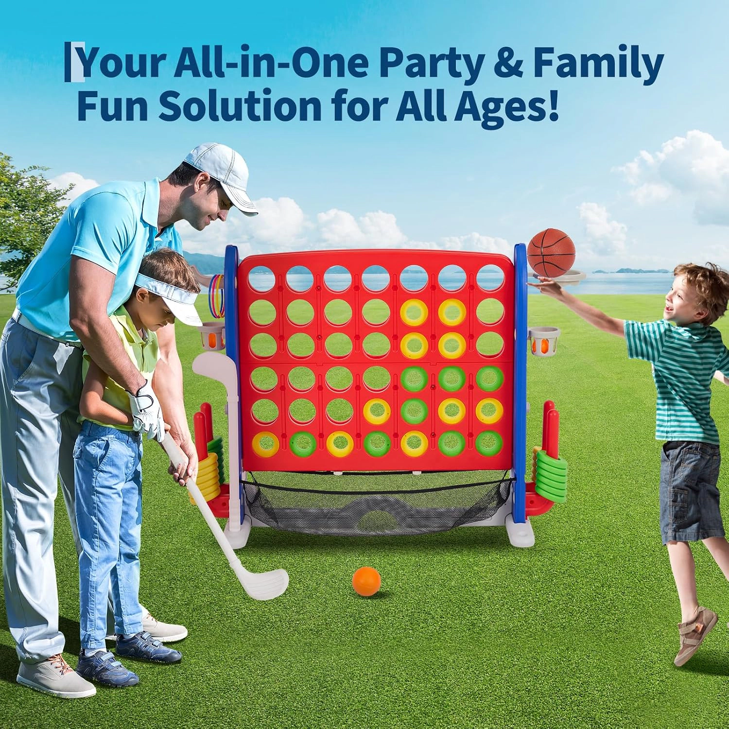 Giant 4-in-1 Floor Game Set, 3-Level Adjustable Height with Basketball, Golf, Ring Toss & 4-in-a-Row