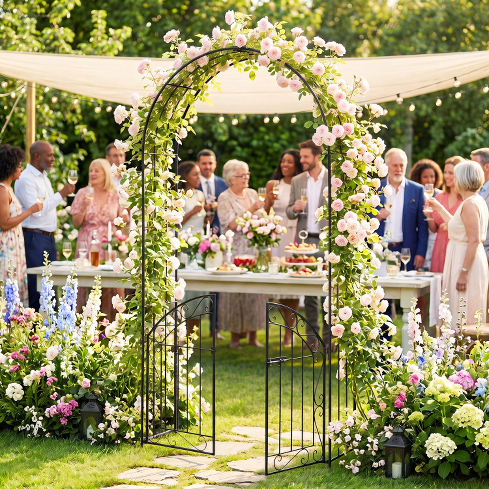 SUGIFT Heavy-Duty Garden Arch with Lockable Gate and Trellis 79-in Tall for Climbing Roses and Vines Black/Bronze