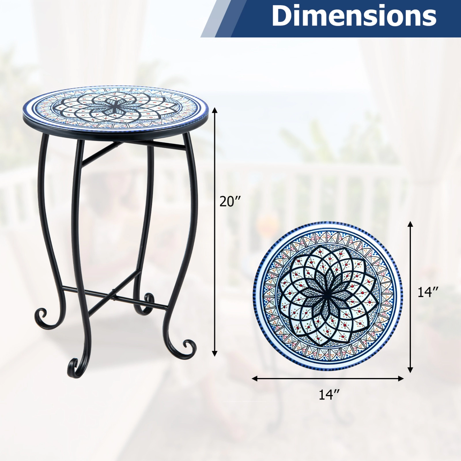 SUGIFT Round Metal Floral Mosaic Style Top Protective Feet Patio Accent Table In White