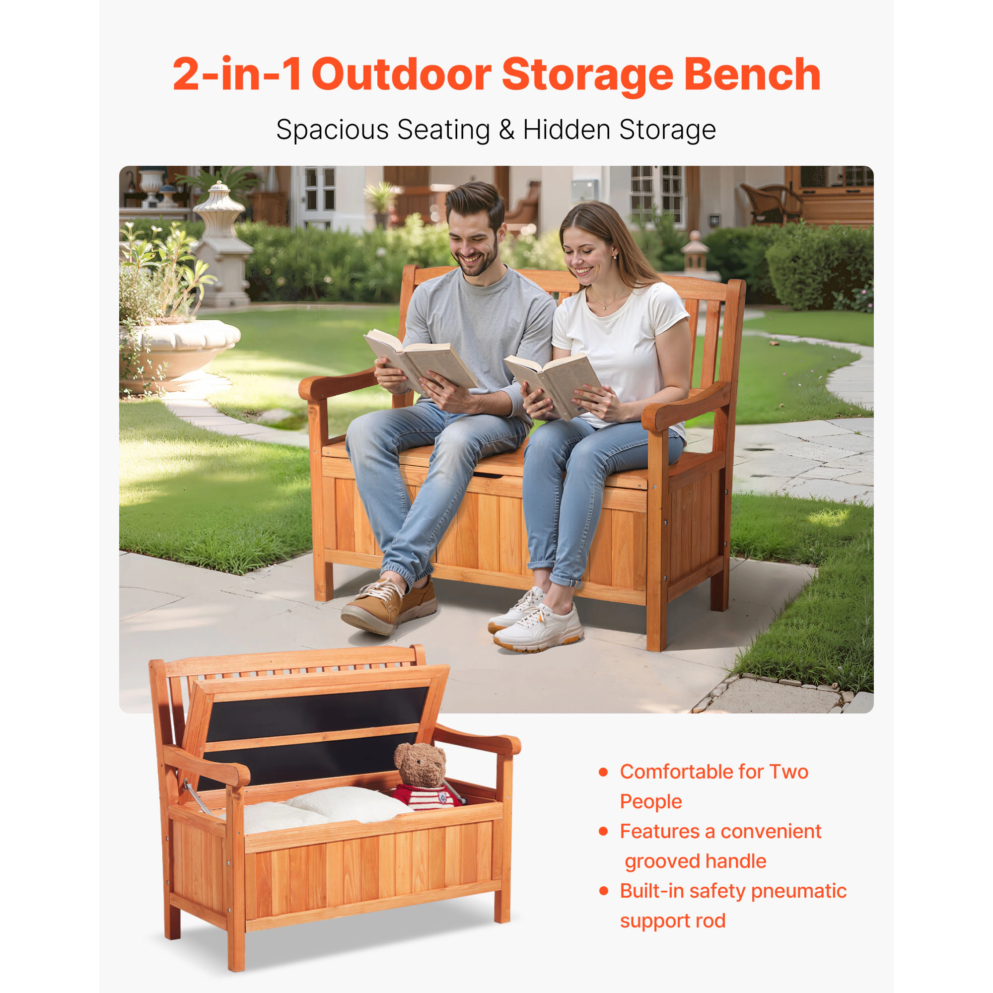 HONGGE 33 Gallon Outdoor Wood Storage Bench, 2-Person Deck Box with Side Handle, Supports 705 lbs, Natural Wood