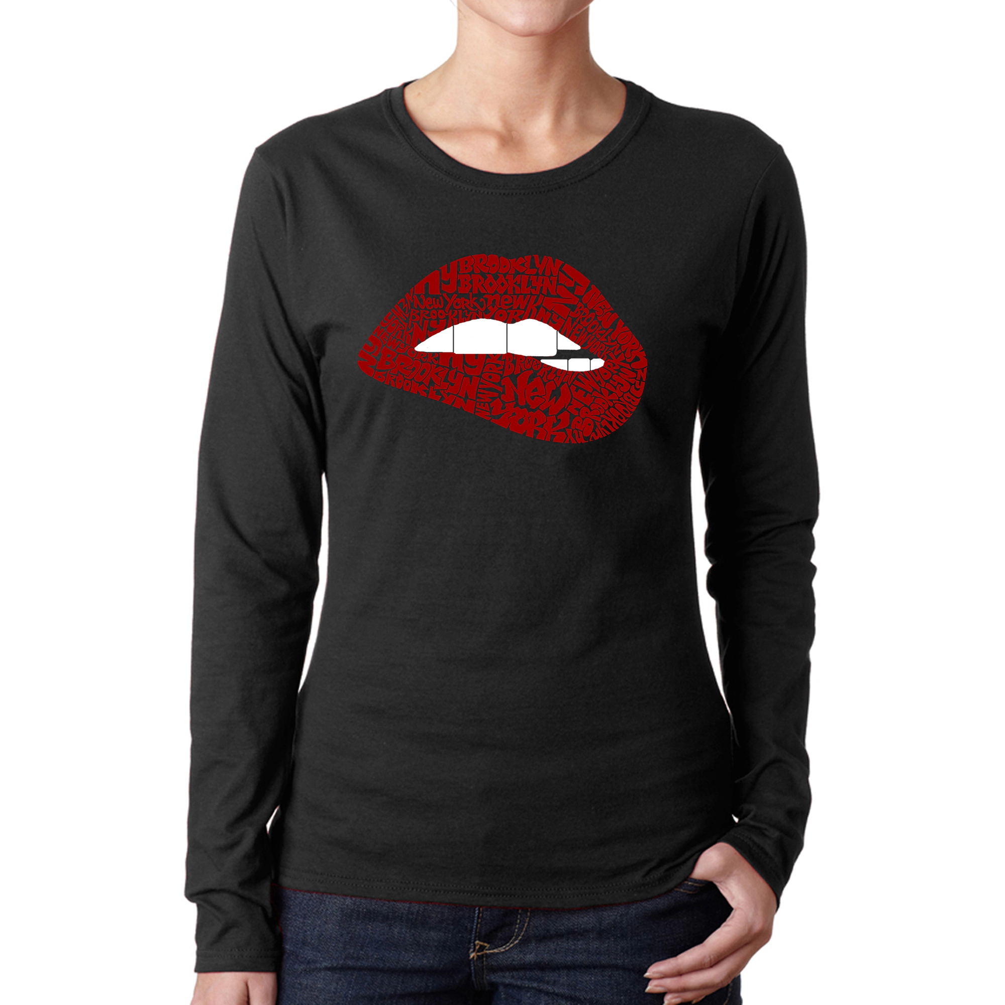 LA Pop Art Women's Word Long Sleeve T-Shirt - Brooklyn Lips