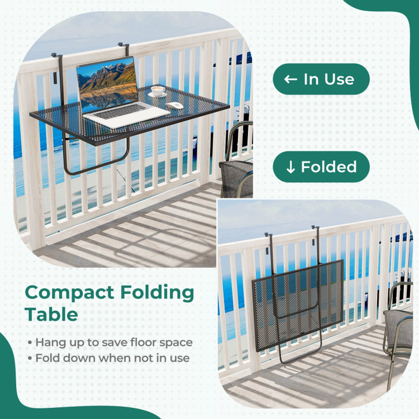 SUGIFT Adjustable Folding Hanging Balcony Railing Table 50-lb Capacity 24 x 20 x 20-in Fits 2.4-in Rails Black