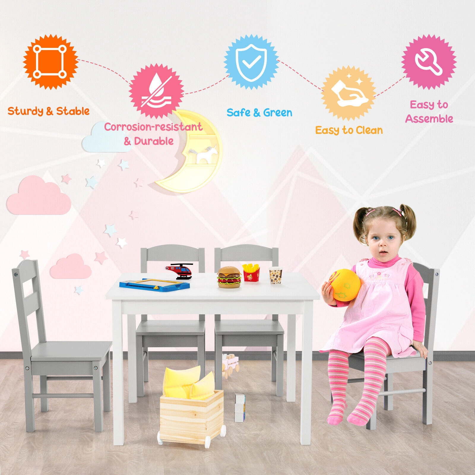 SUGIFT Kids 5-Piece Wooden Table and Chair Set 88-lb Table 110-lb Chairs Ages 2-6 White and Gray
