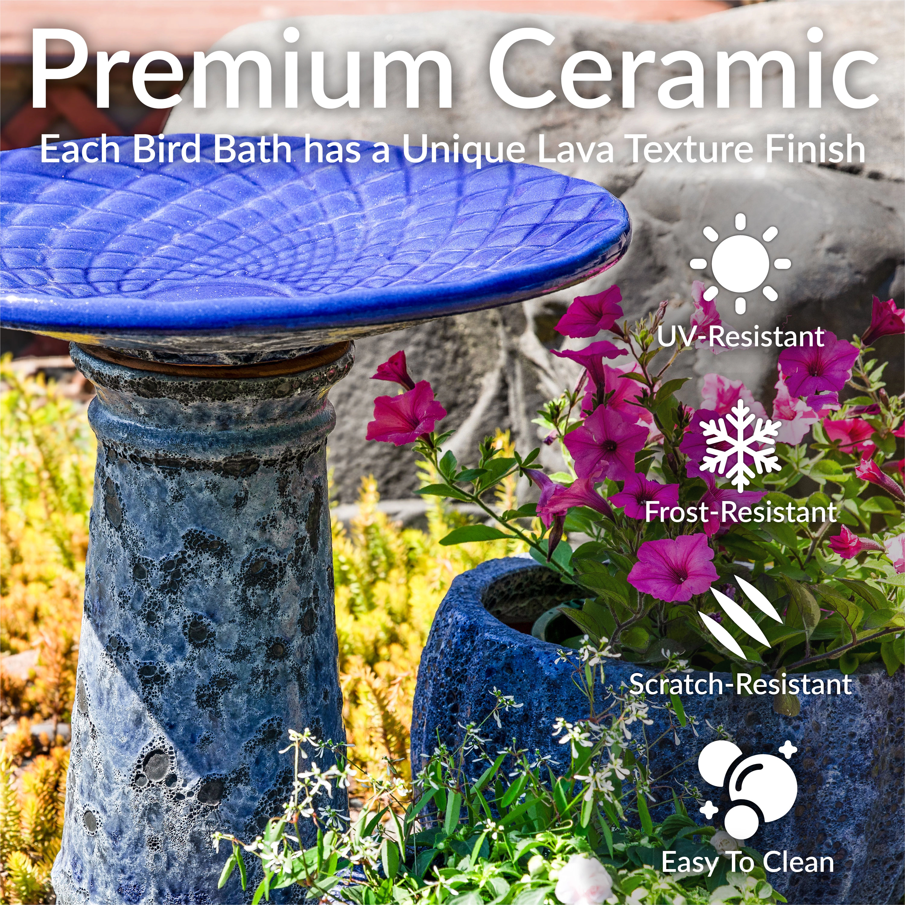 Sunnydaze Outdoor Ceramic Bird Bath, 22.5” H, Glazed Bowl, Blue Lava Finish
