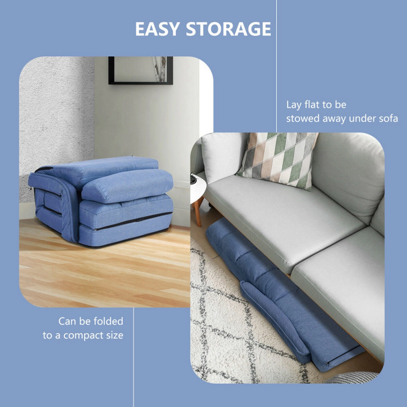 SUGIFT 6-Position Adjustable Blue Folding Floor Chair Sofa with Armrests Lumbar Pillow and Removable Cushion