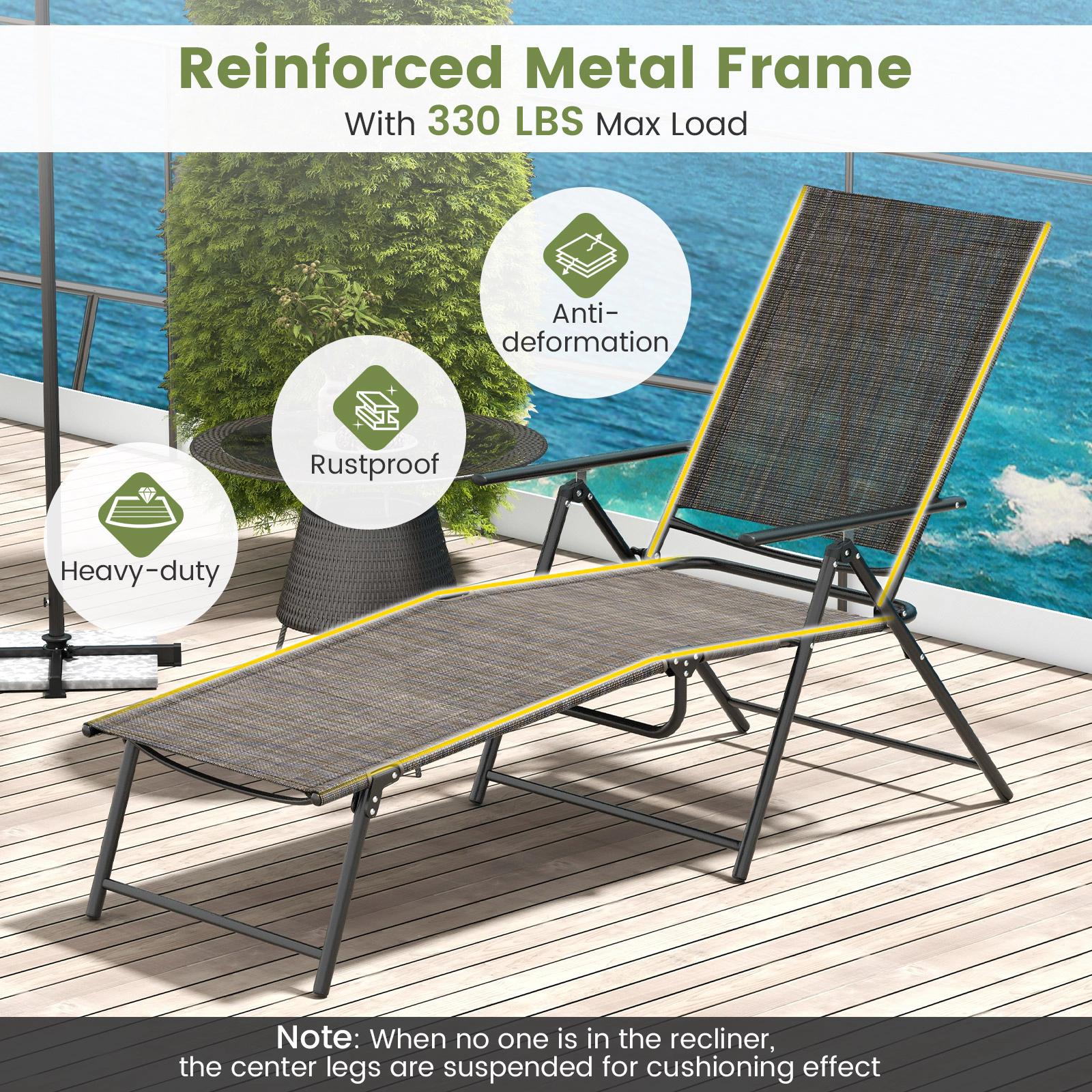 SUGIFT 2-Piece Patio Folding Chaise Lounge Recliners with 6-Level Adjustable Backrest 330-Lb Capacity Coffee