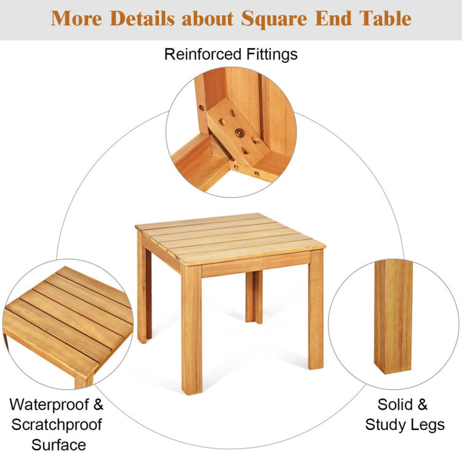 SUGIFT Square Slatted Top Solid Acacia Wood Outdoor Patio Side Table 18-in x 18-in x 16-in 220-lb Capacity Natural