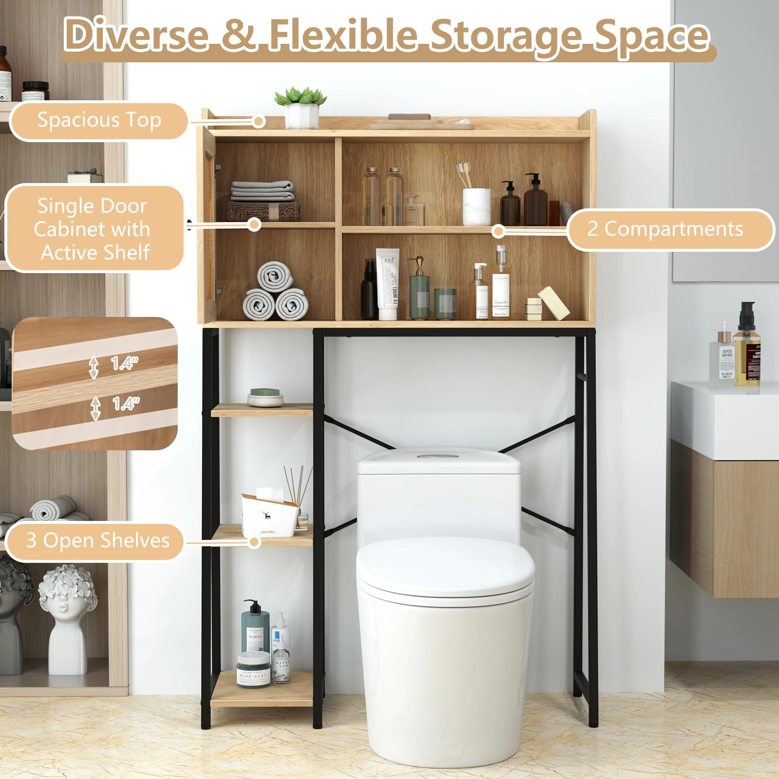 Glintex Over-the-Toilet Cabinet with PE Rattan Door and Anti-Falling Baffles, Natural