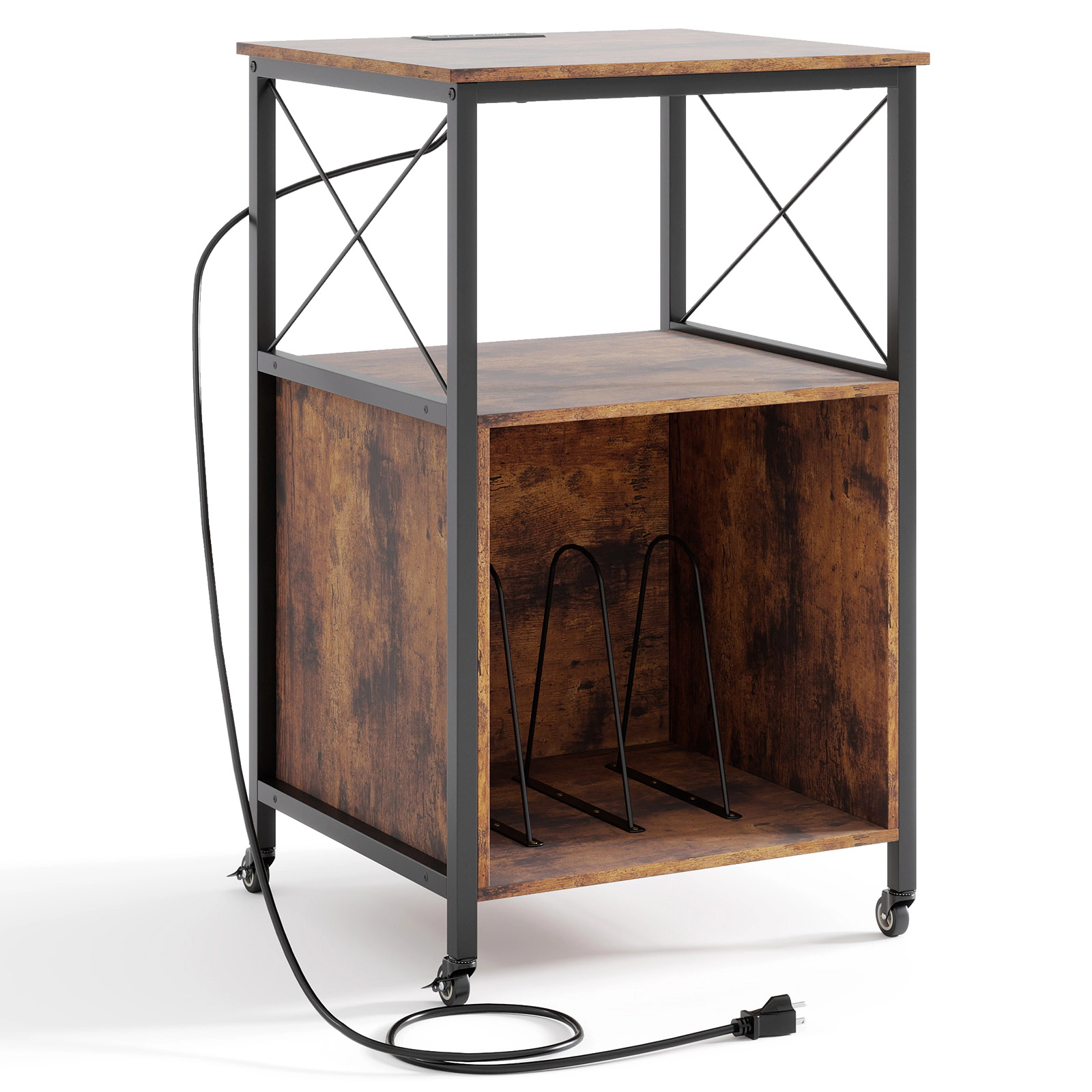 SUGIFT Mobile Record Player Stand with Power Outlet Accent Table 190-lb Capacity Rustic Brown & Black 32-in Tall