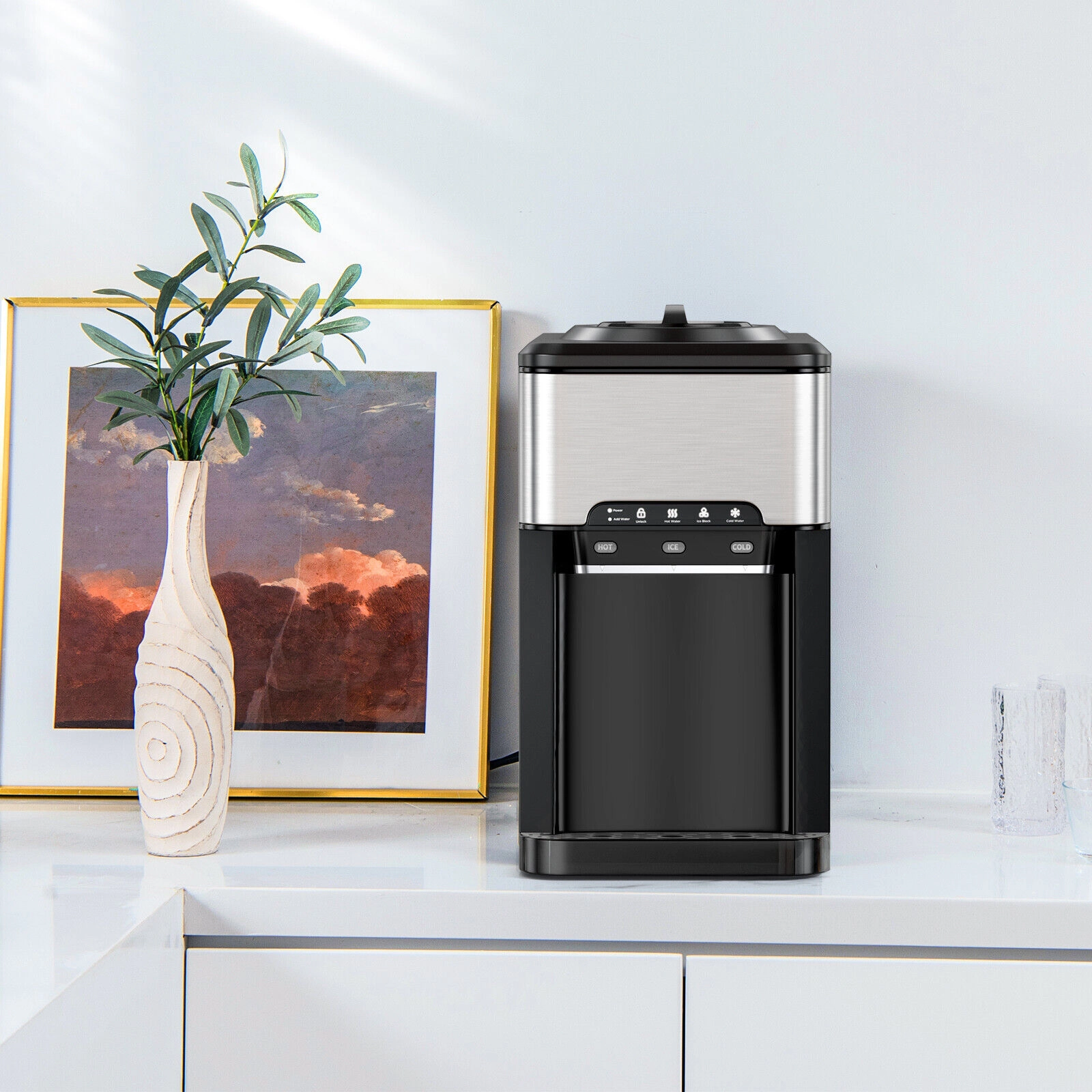 SUGIFT Silver 3-in-1 Hot and Cold Water Cooler Dispenser with Built-In Ice Maker and Child Lock