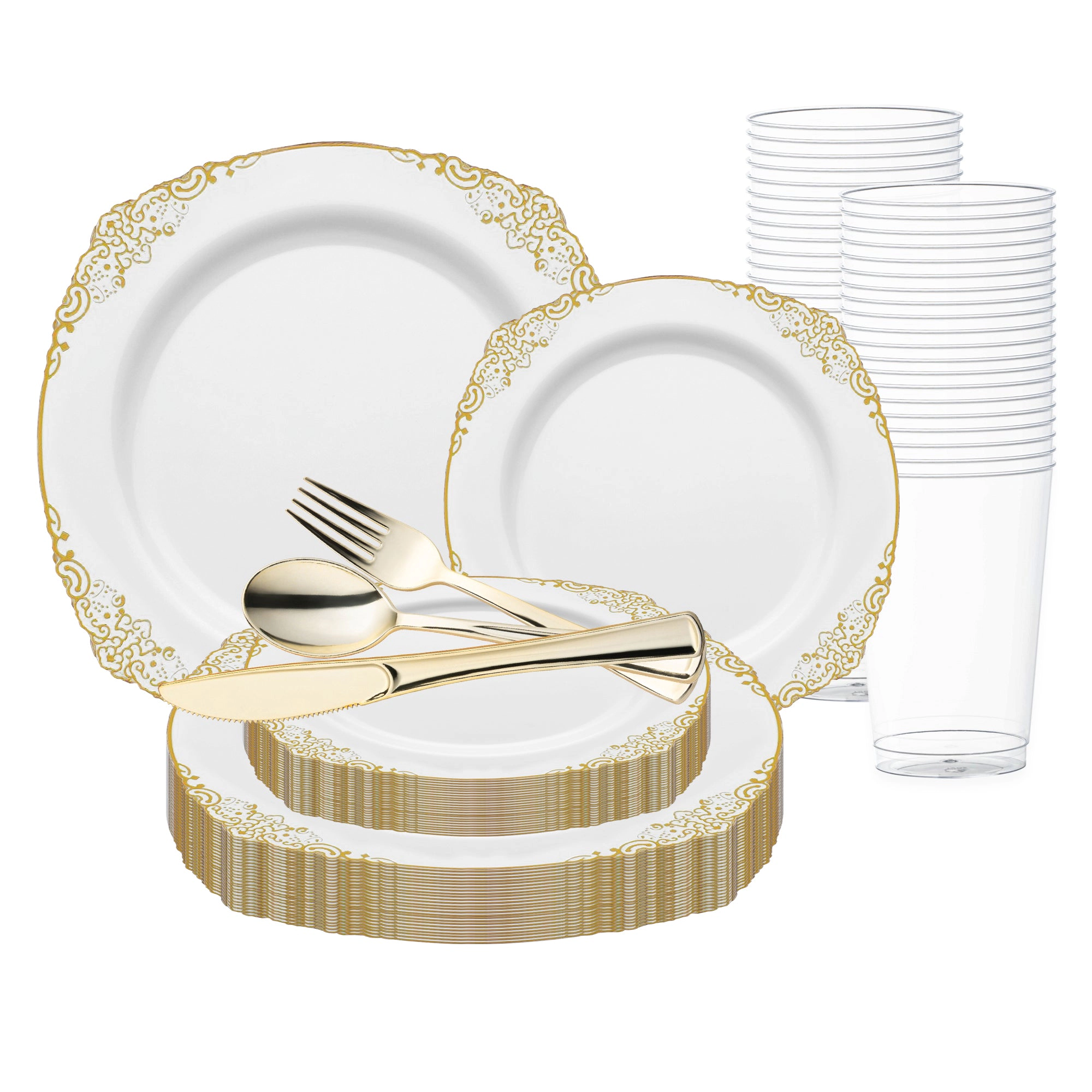 Smarty Had A Party White with Gold Fancy Round Disposable Plastic Wedding Value Set