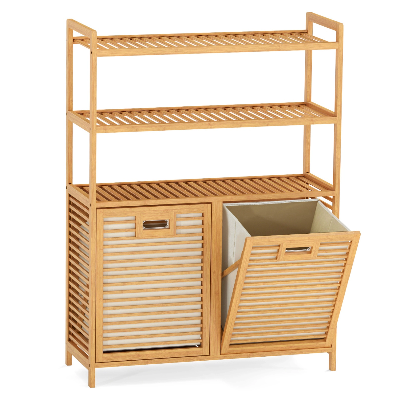 SUGIFT Natural Bamboo Double Tilt-Out Laundry Hamper with 3 Shelves and 2 Removable 7-gal Baskets
