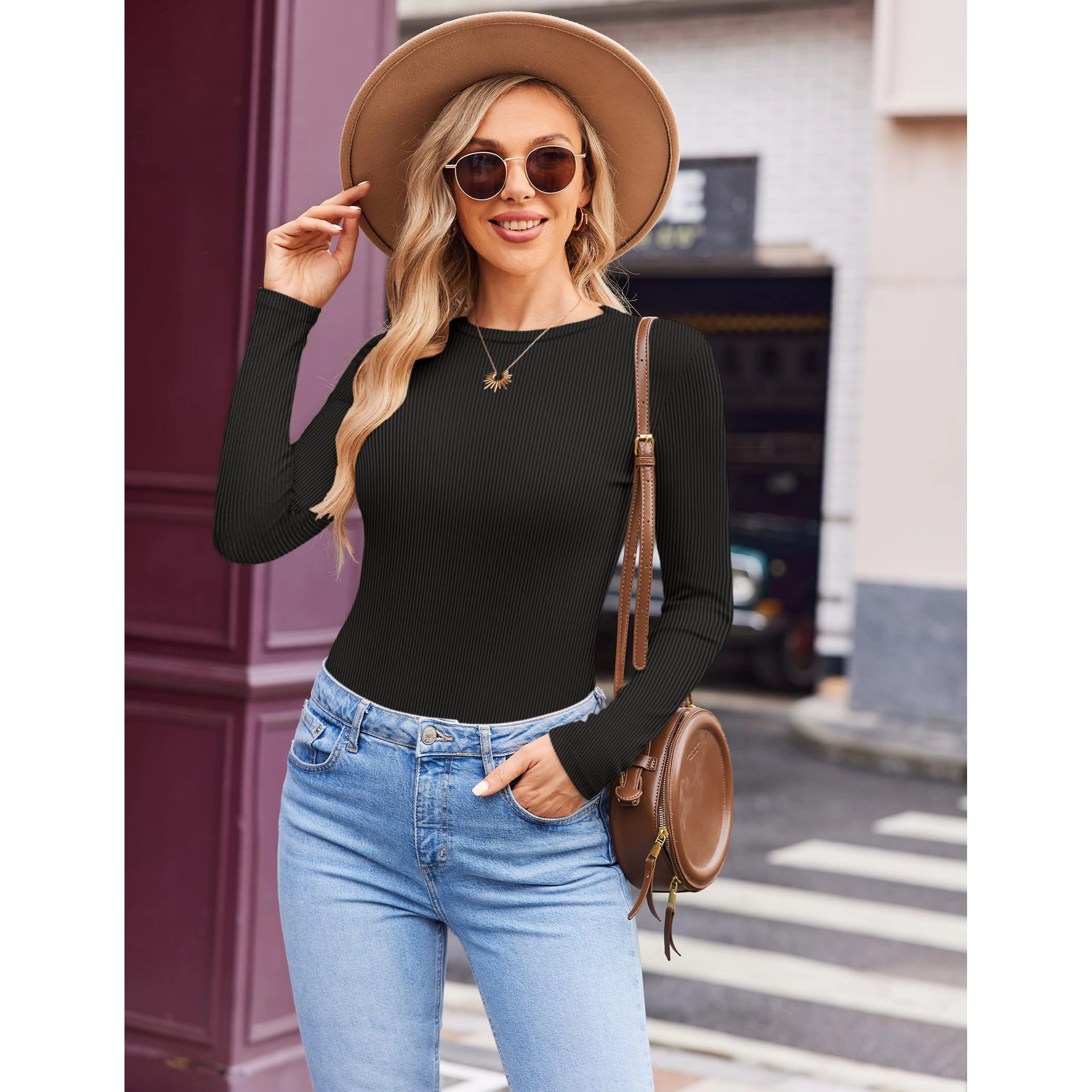Ekouaer Womens Long Sleeve Shirts Crew Neck Fitted Ribbed Tops Base Layer Thermal Undershirts Tee