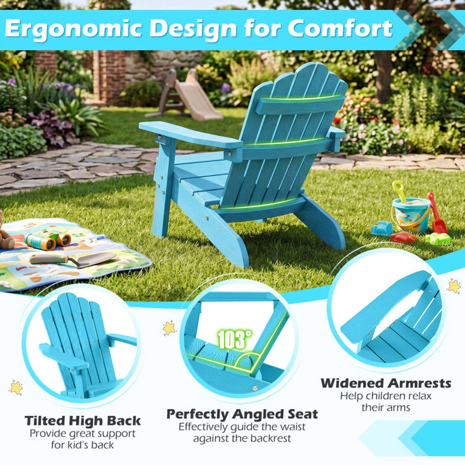 SUGIFT All-Weather Kids Adirondack Chairs 165-lb Capacity Ages 3-7 with Tilted High Backrest Turquoise