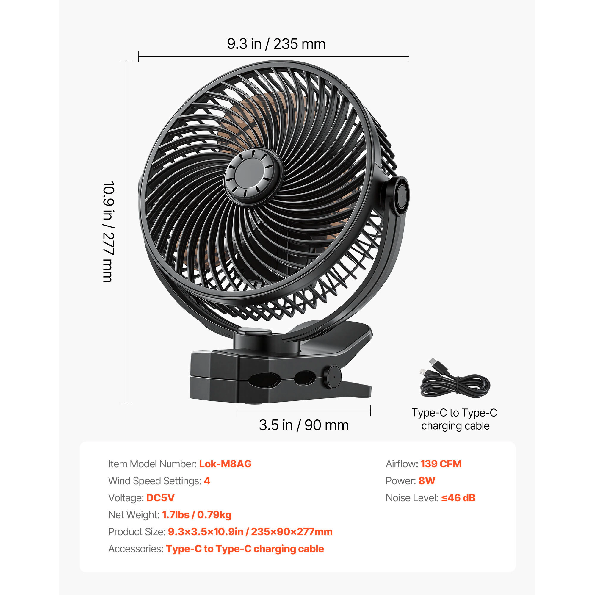 HONGGE Portable Clip Fan Rechargeable On USB Port with 3 Speeds & Circulation Mode Strong Airflow Sturdy Clamp