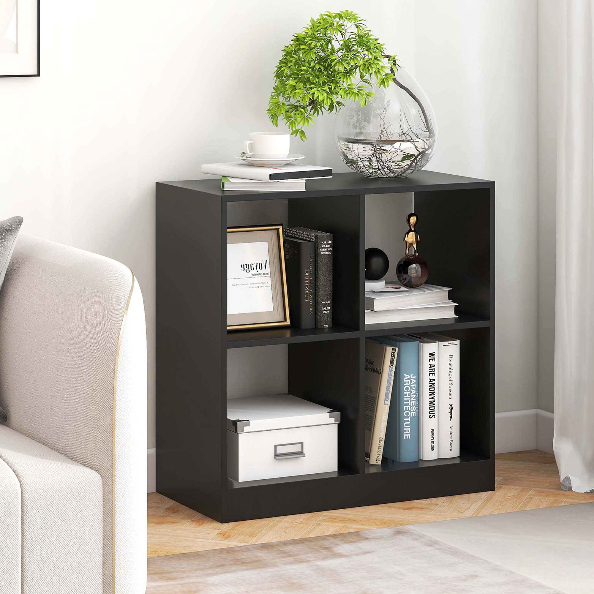 Costway 4-Cube Bookcase Floor Open Wooden Bookshelf Storage Cabinet Toy Organizer Black