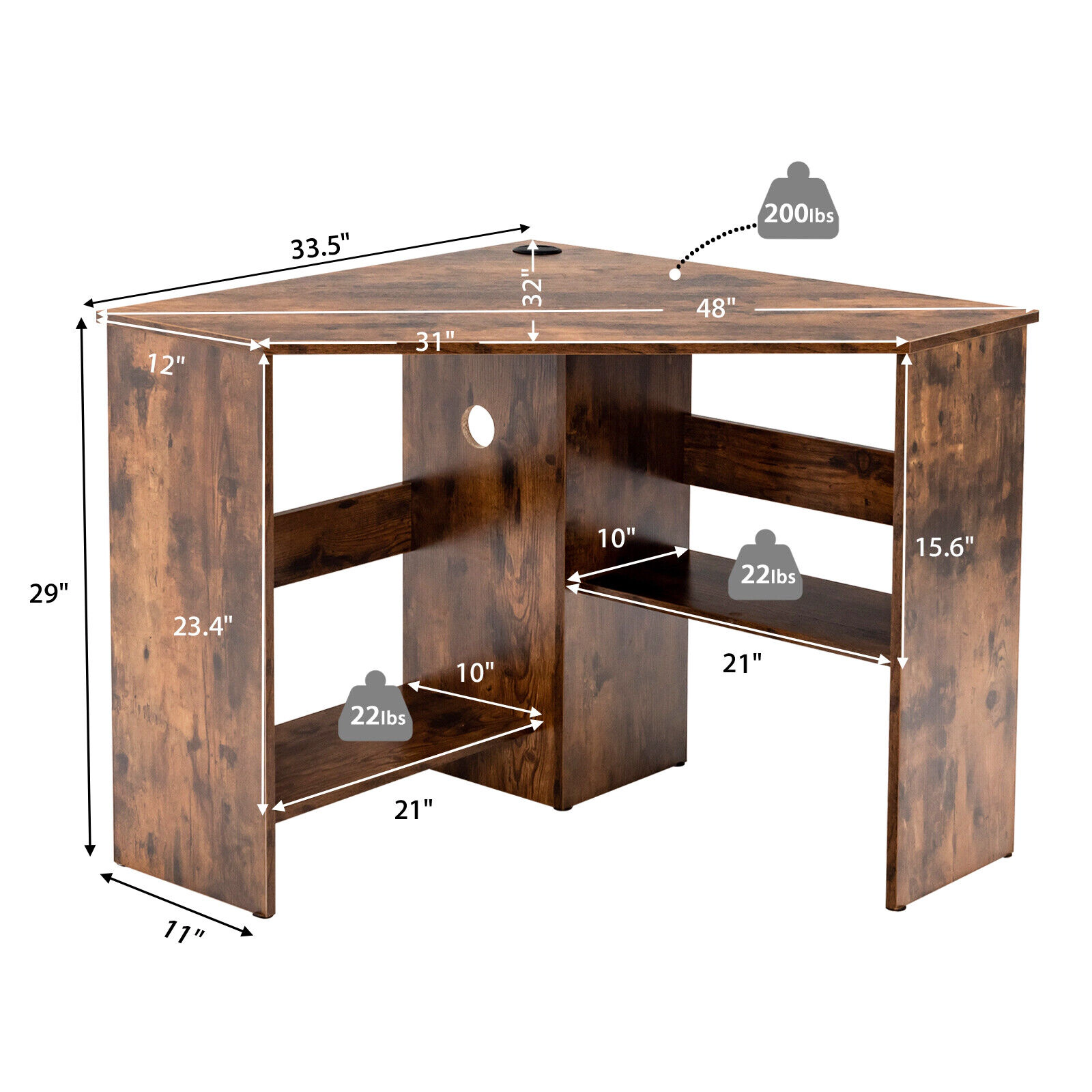 SUGIFT Corner Computer Desk Rustic Brown Triangle Workstation with 1 in Thick Board