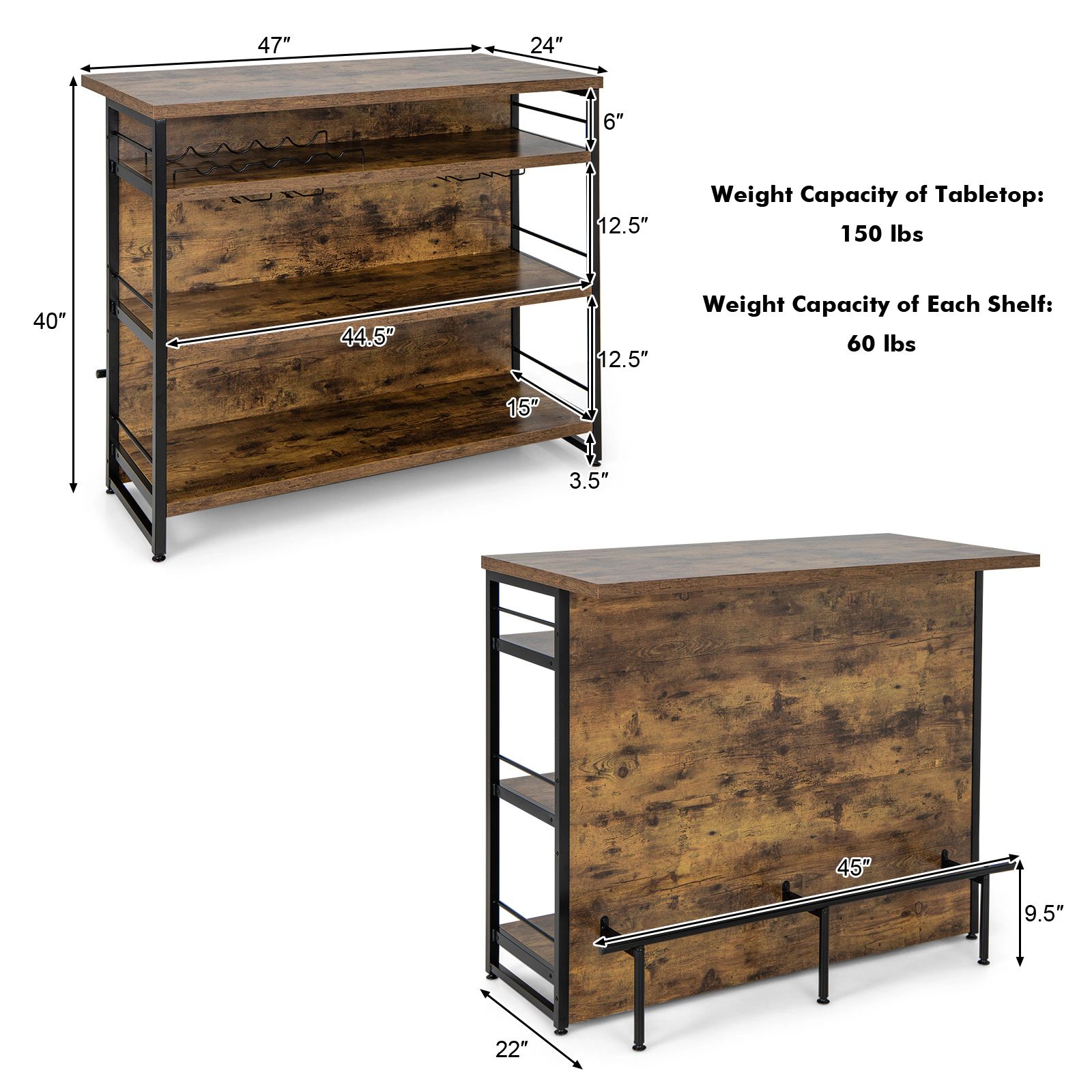 SUGIFT Kitchen Island 4-Tier Storage Shelf & Long Footrest 150-lb Tabletop Capacity 60-lb Shelves Rustic Brown/Black