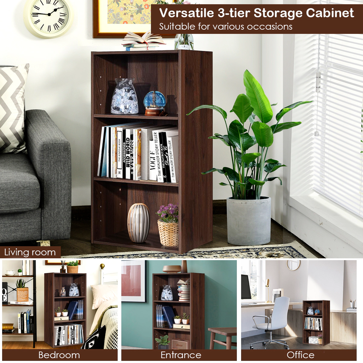 Costway 3 Open Shelf Bookcase Modern Multi-functional Storage Display Cabinet