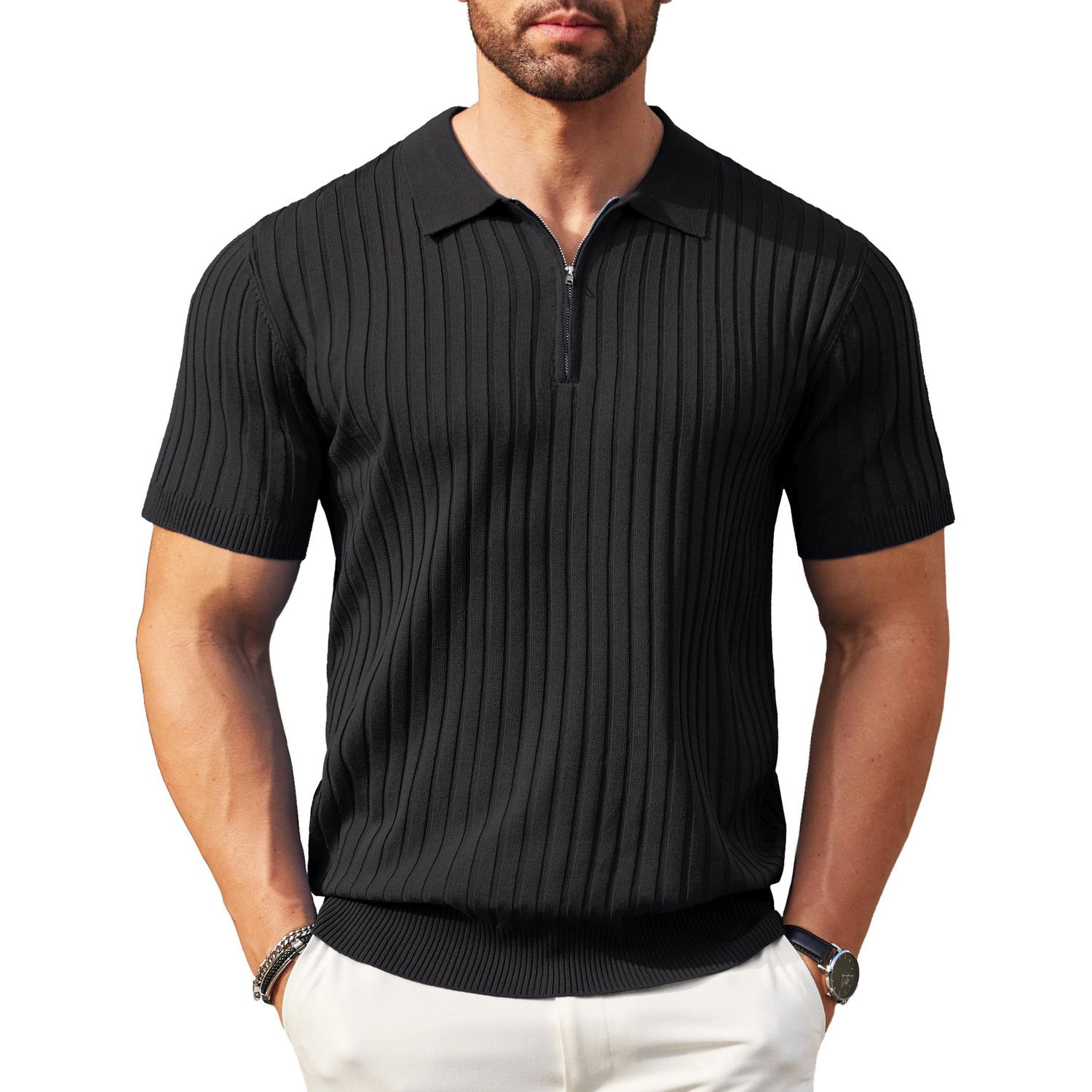COOFANDY Ribbed Short Sleeve Polo Shirts Summer Quarter Zip Collar Casual Tops