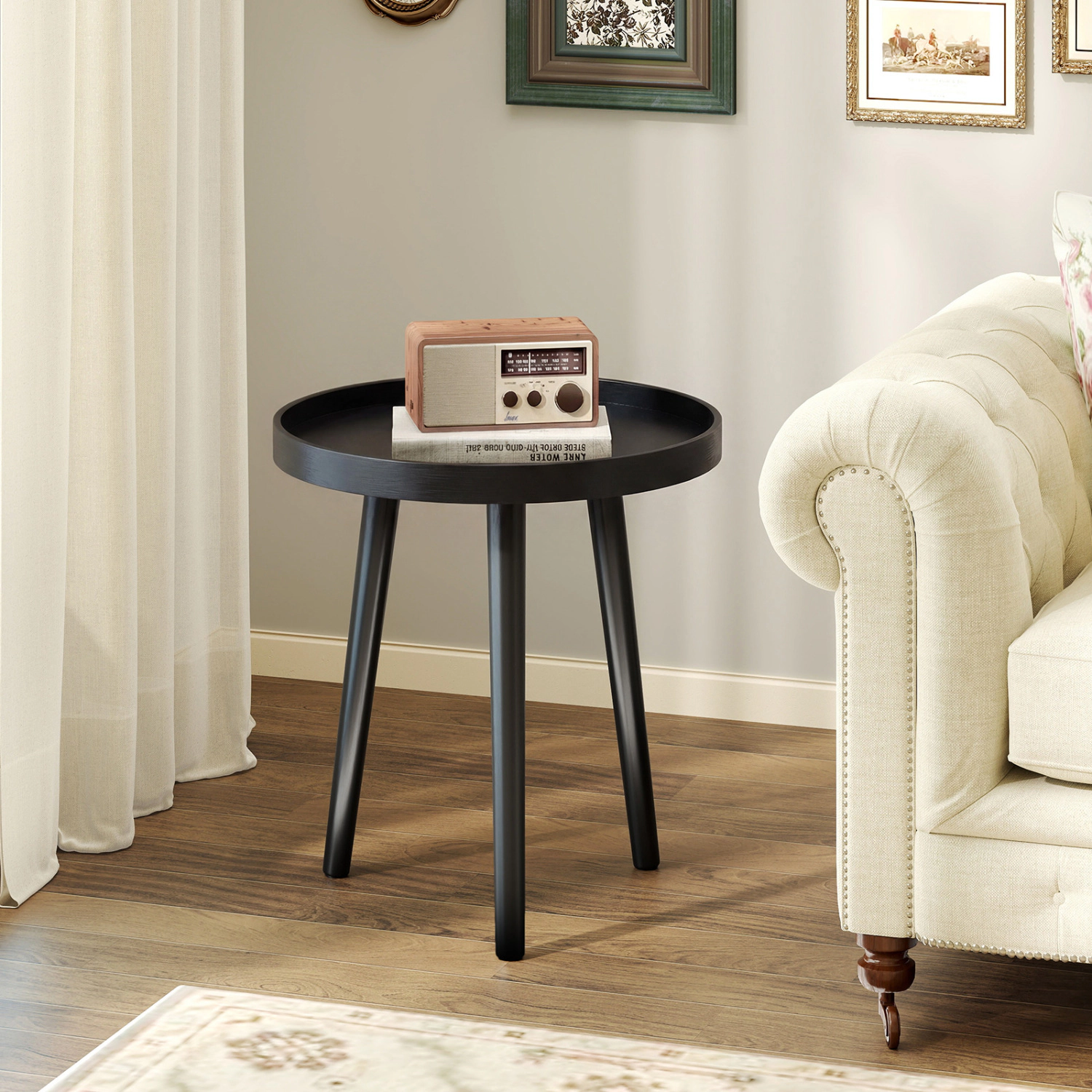 Glintex Mid-Century Round Tray-Top Side Table with Bamboo Legs and Lipped Edge