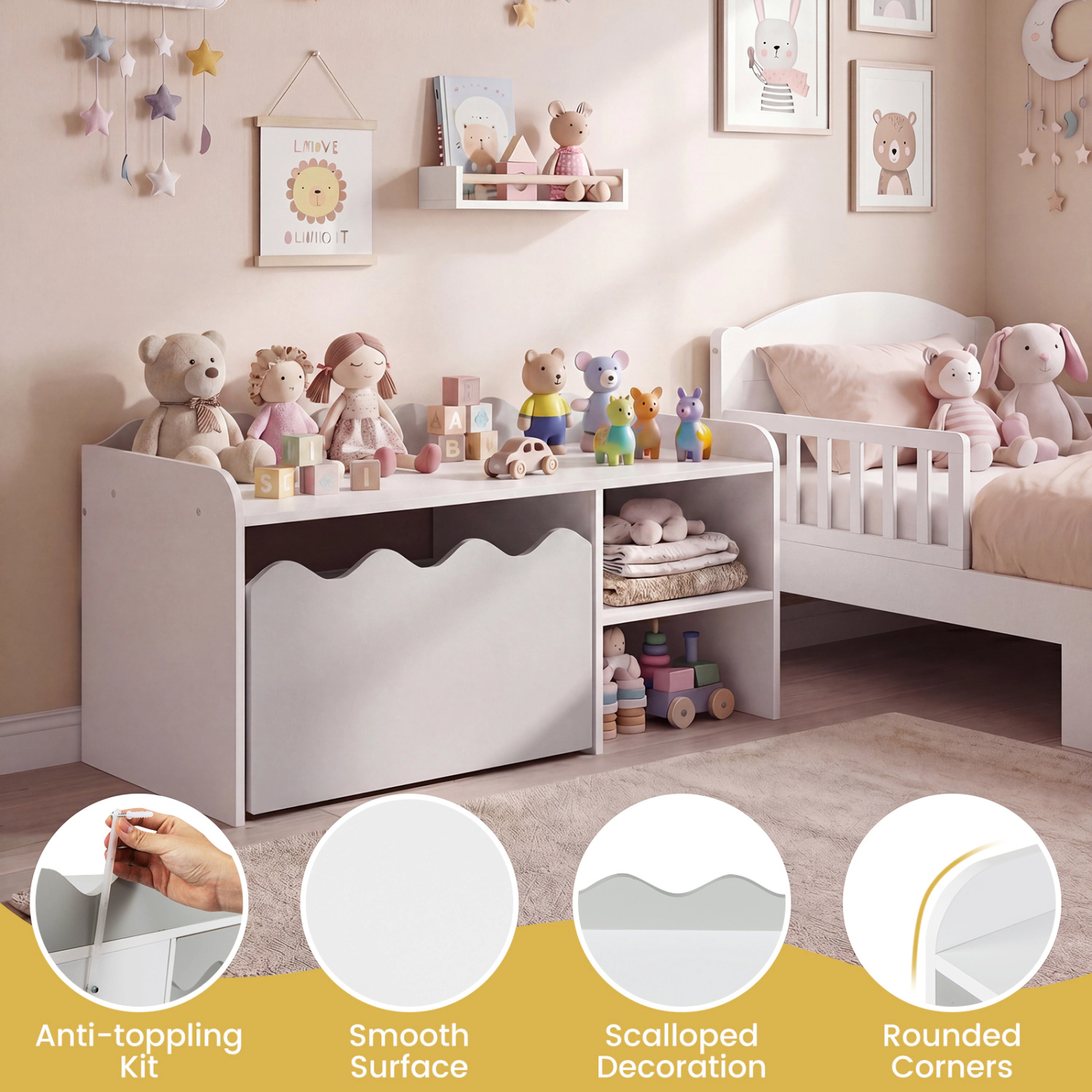 Hivvago Scalloped Kids Bookshelf and Toy Storage Organizer for Playroom